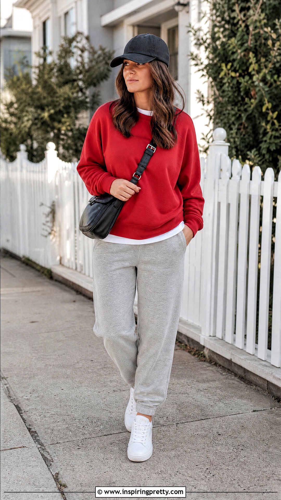 Red Sweatshirt With Gray Joggers - 50 red top outfit casual ideas