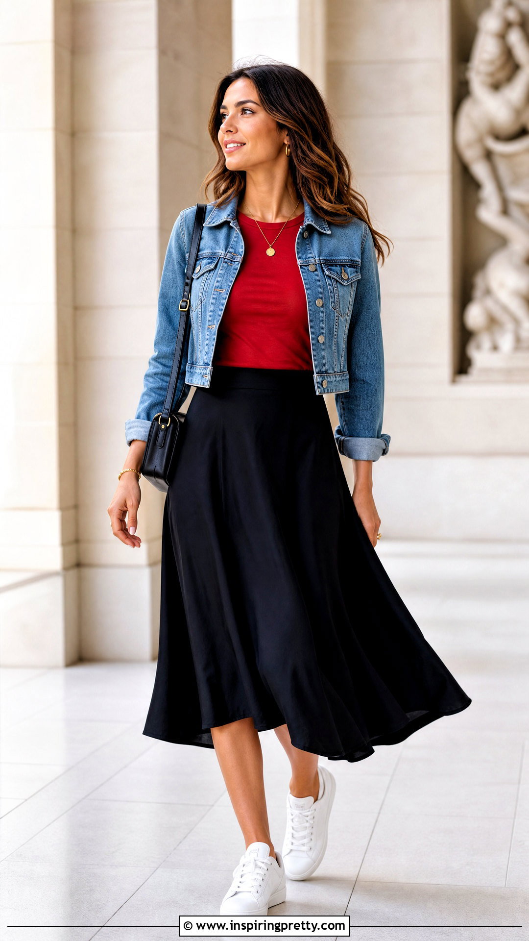 Red T Shirt With Black Midi Skirt - 50 red top outfit casual ideas