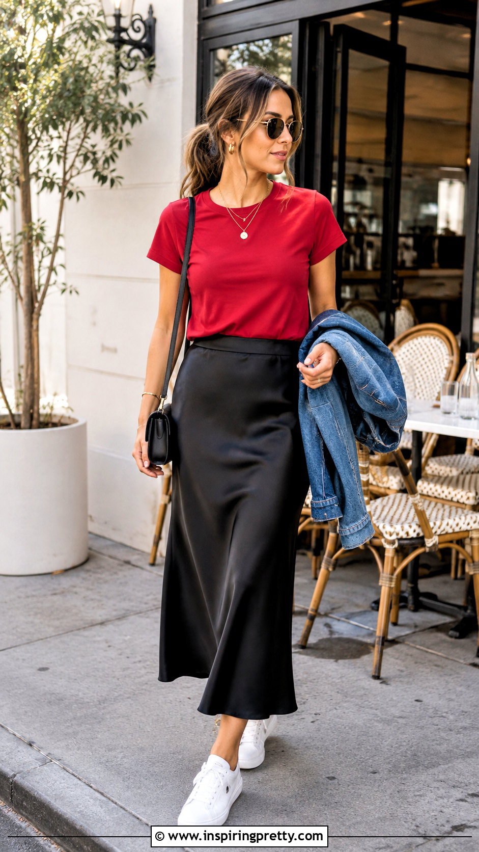 Red T Shirt With Slip Skirt - 50 red top outfit summer ideas