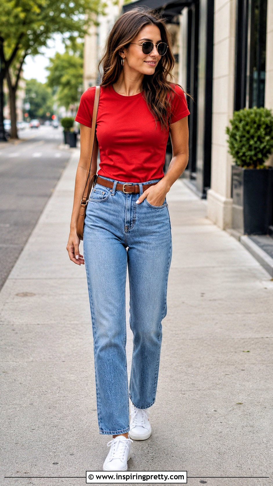 Red T Shirt With Straight Leg Jeans And White Sneakers - how to wear red top with jeans (20 ways)
