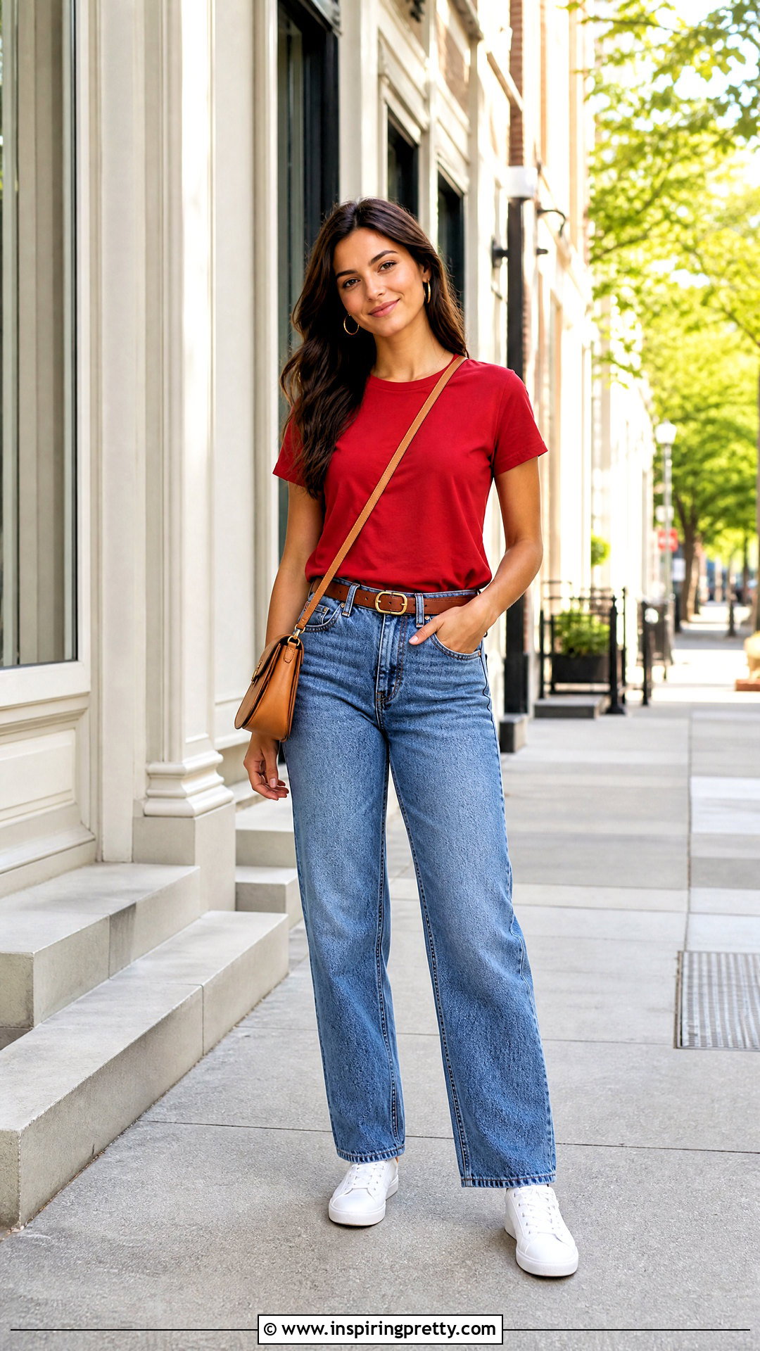 Red T Shirt With Straight Leg Jeans - 20 casual outfit with red top and jeans