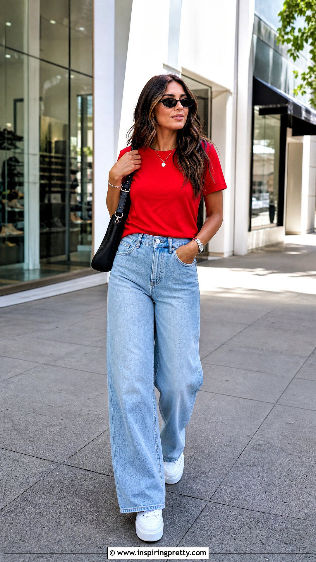 Red T Shirt With Wide Leg Jeans - 50 cute red tops outfit ideas