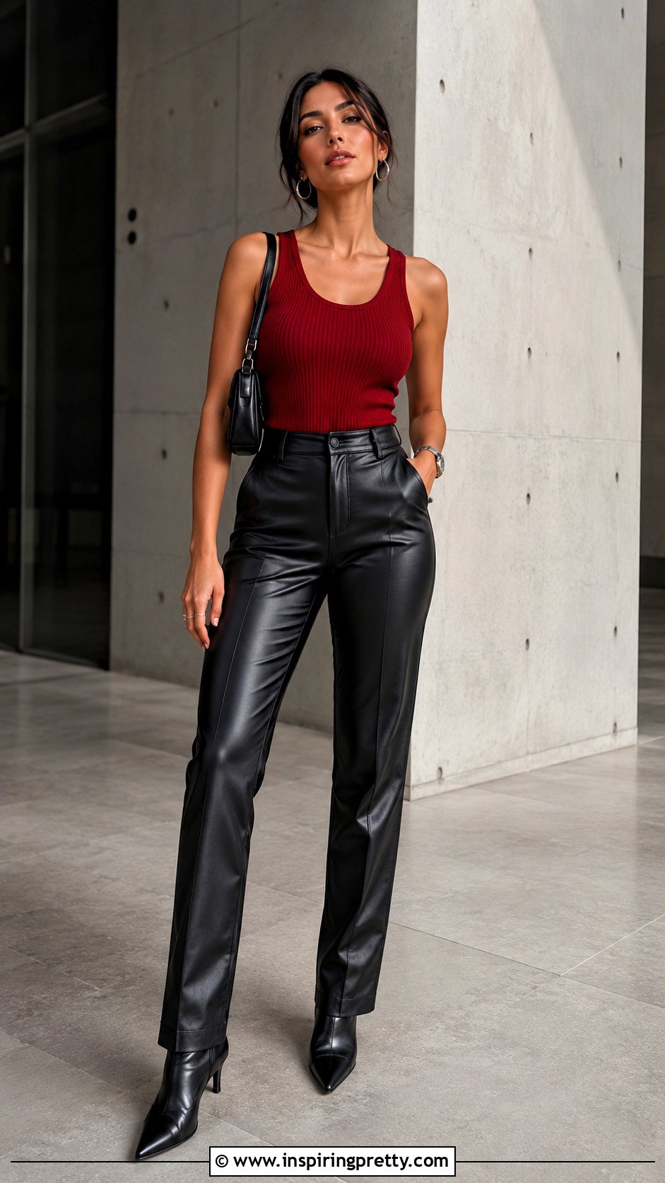 Red Tank Top With Black Leather Pants And Boots - 20 Monica Geller Red Tank Top outfit ideas