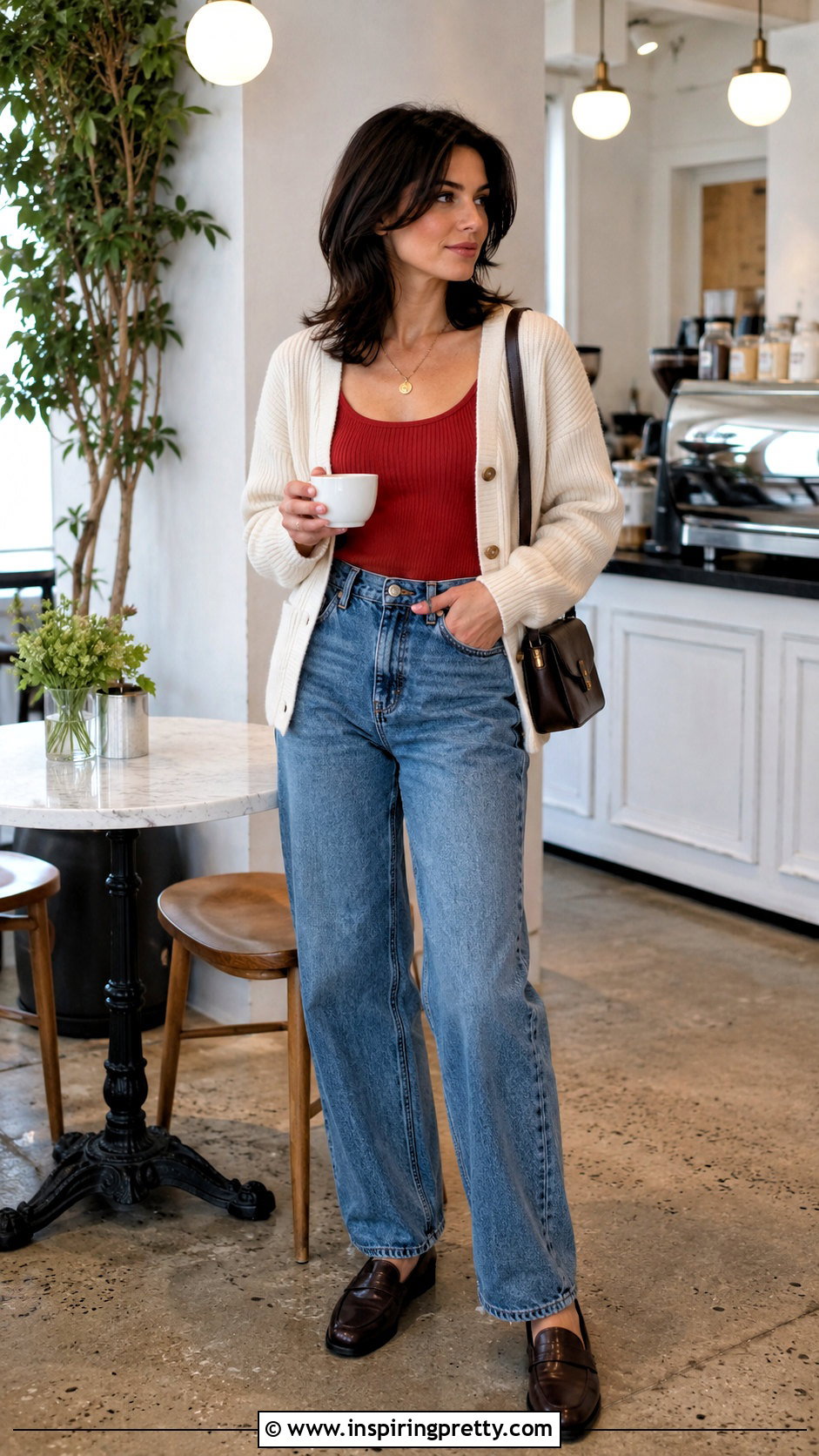 Red Tank Top With Cardigan And High Waisted Jeans - 20 Monica Geller Red Tank Top outfit ideas