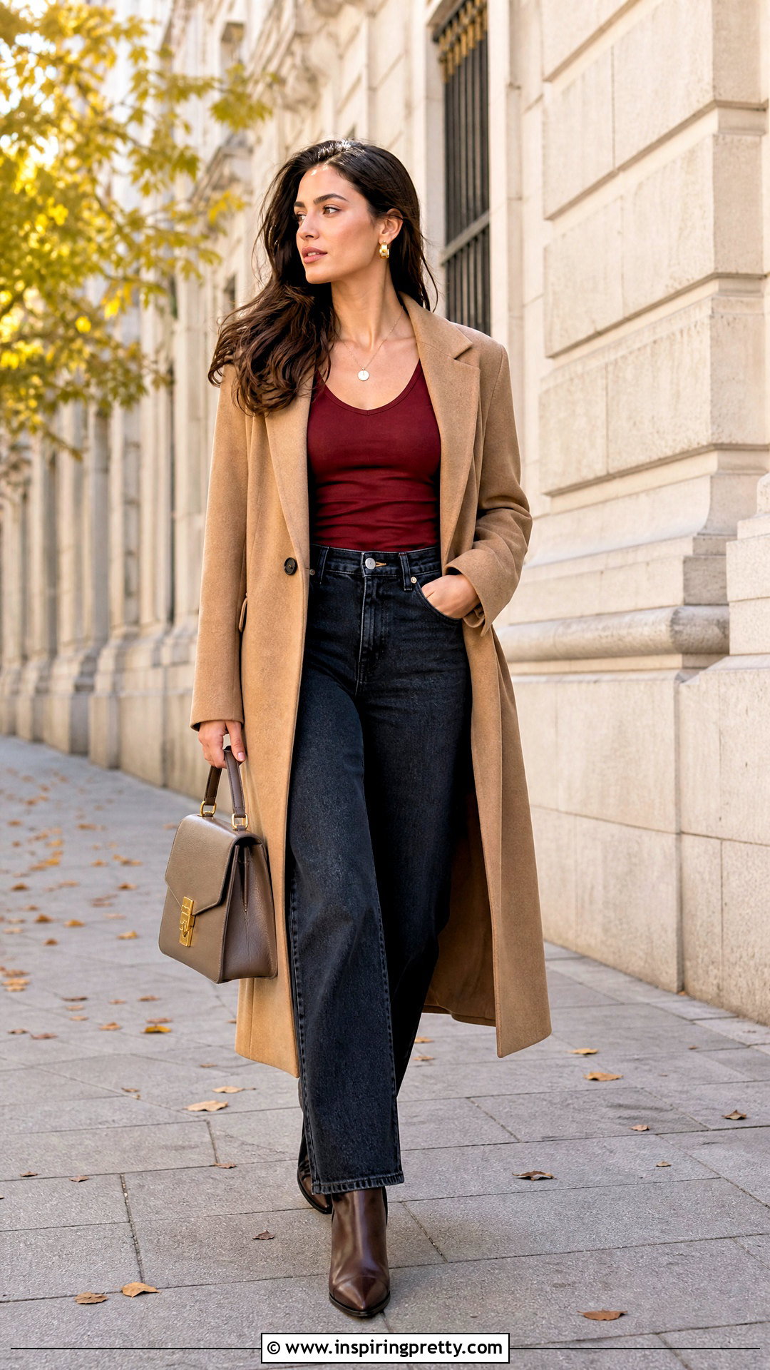 Red Tank Top With Dark Jeans And Camel Coat - 20 fall fashion tank top outfit ideas