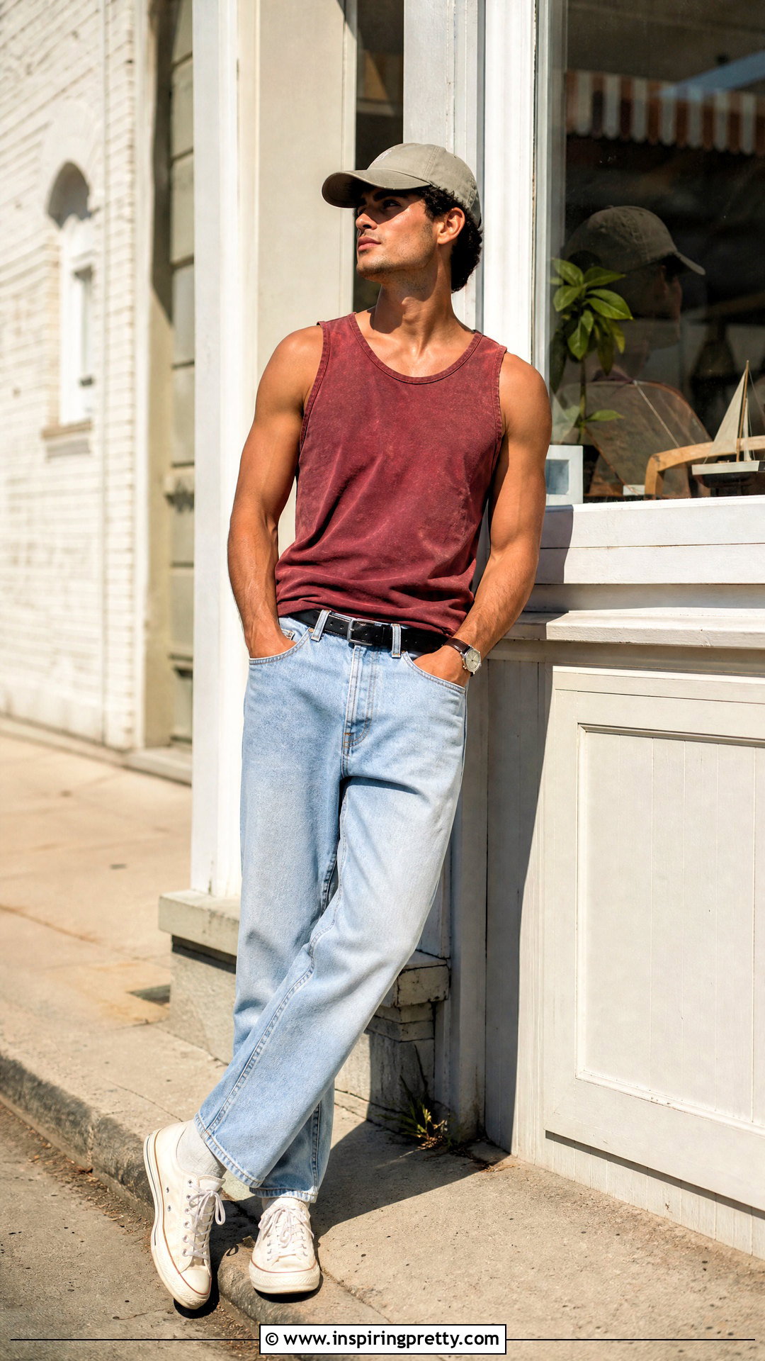 Red Tank Top With Faded Denim - 25 tank top guys aesthetic ideas