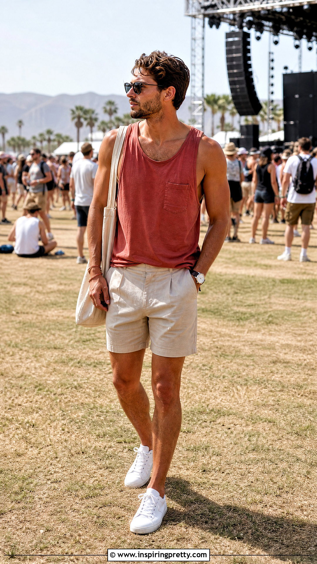 Red Tank Top With Neutral Shorts - 20 men’s summer outfits tank tops