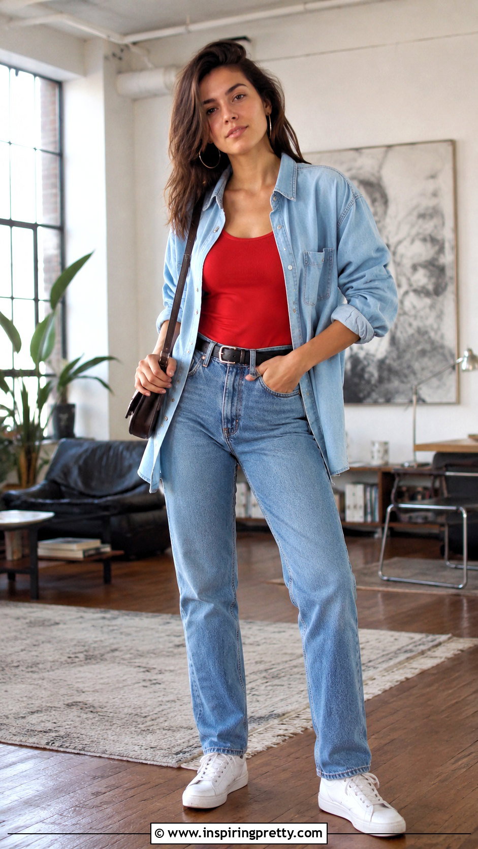 Red Tank Top With Open Denim Shirt And Jeans - 20 Monica Geller Red Tank Top outfit ideas