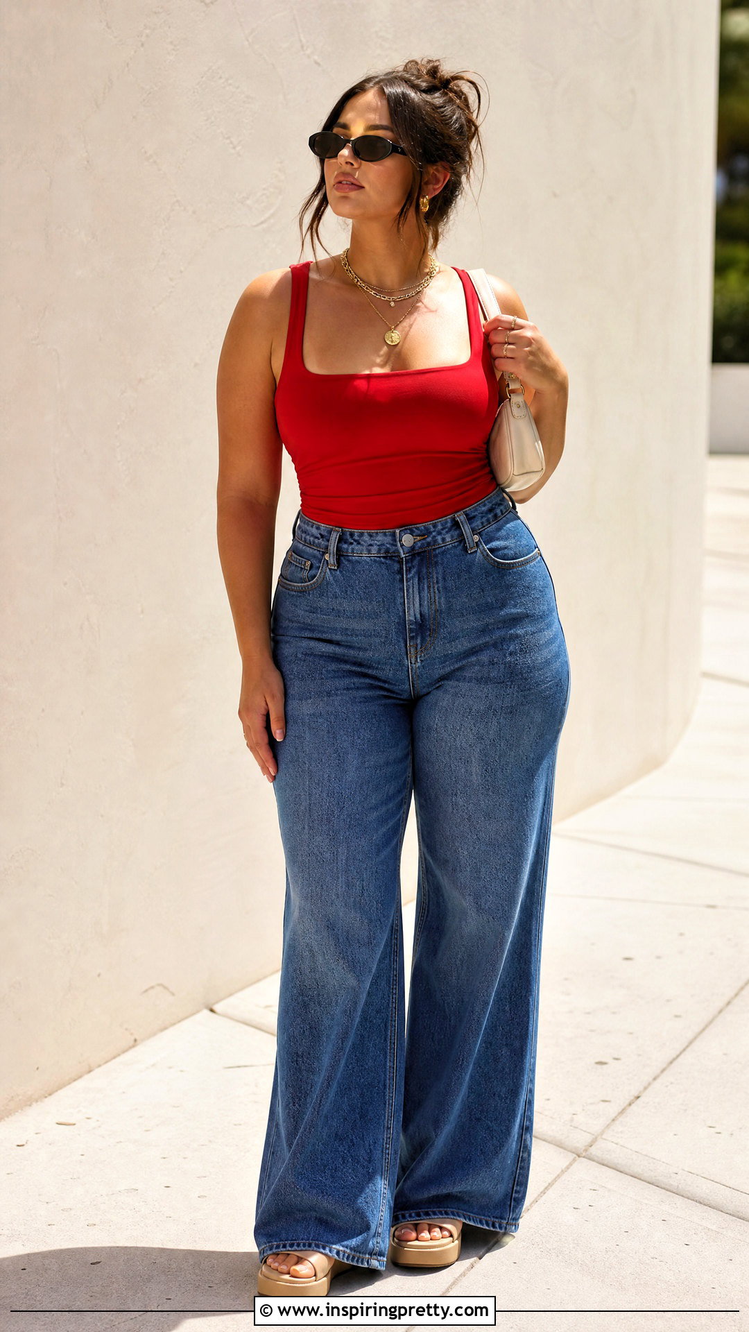 Red Tank Top With Wide Leg Jeans And Gold Jewelry - 20 Red Top With Jeans And Accessories