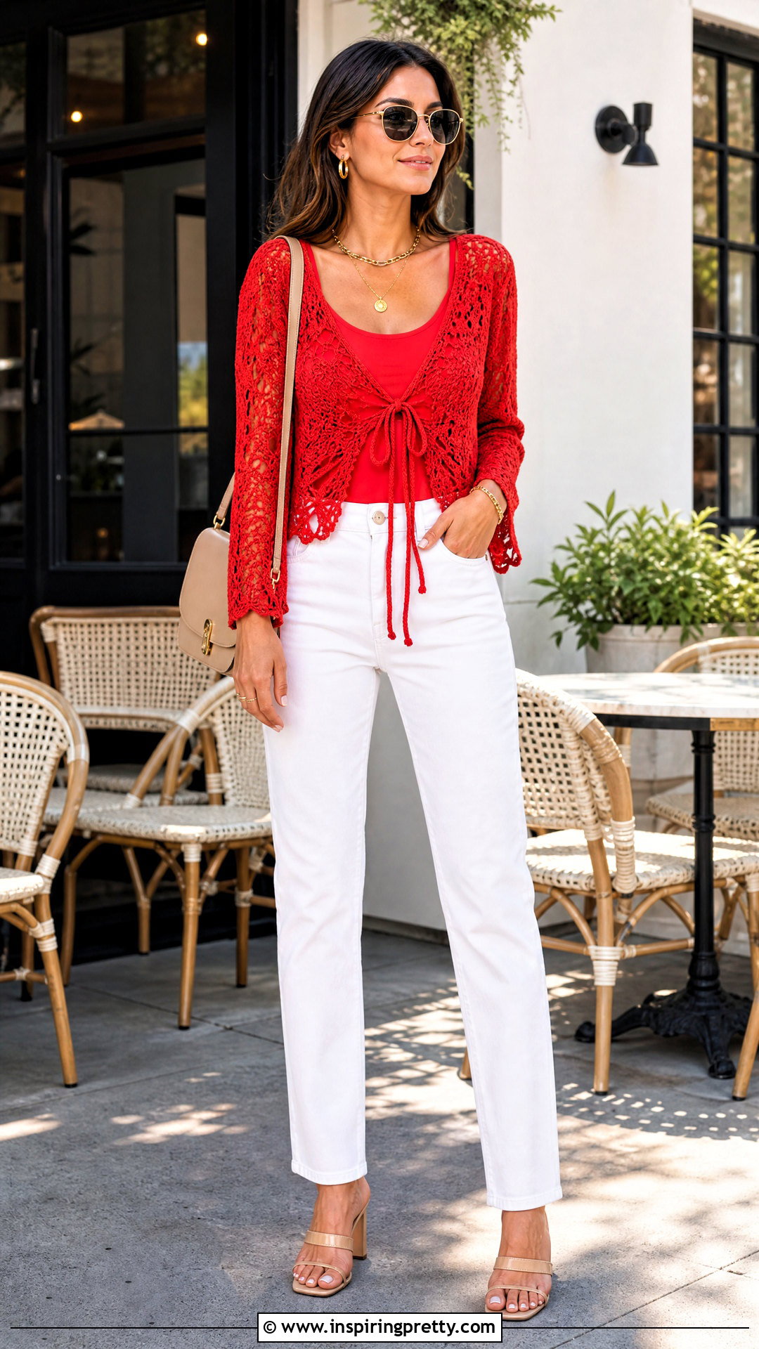 Red Tie Up Crochet Top With White Jeans - 20 tie up crochet top outfit ideas