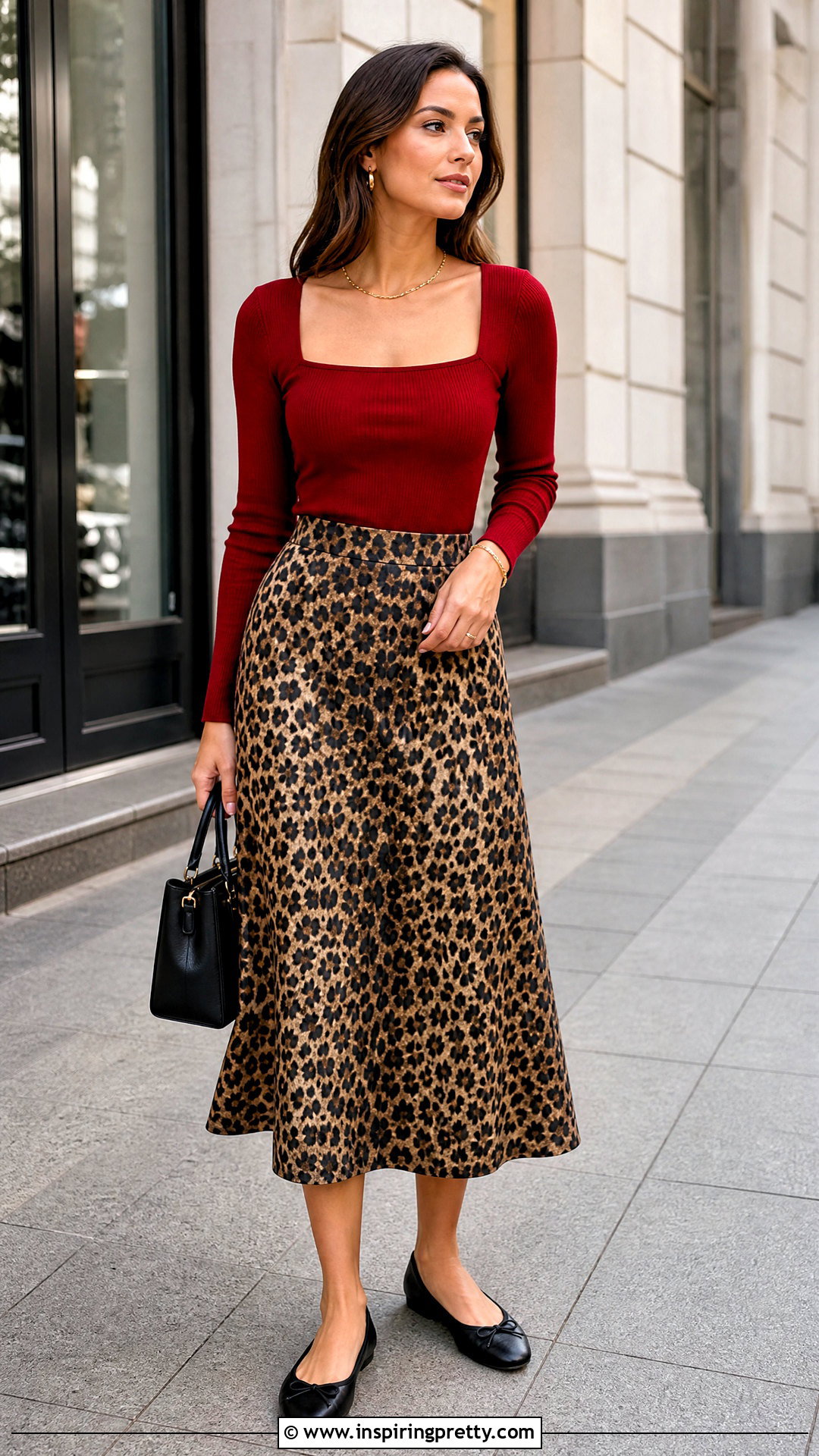 Red Top And Leopard Midi Skirt Outfit - 50 skirt top outfit ideas