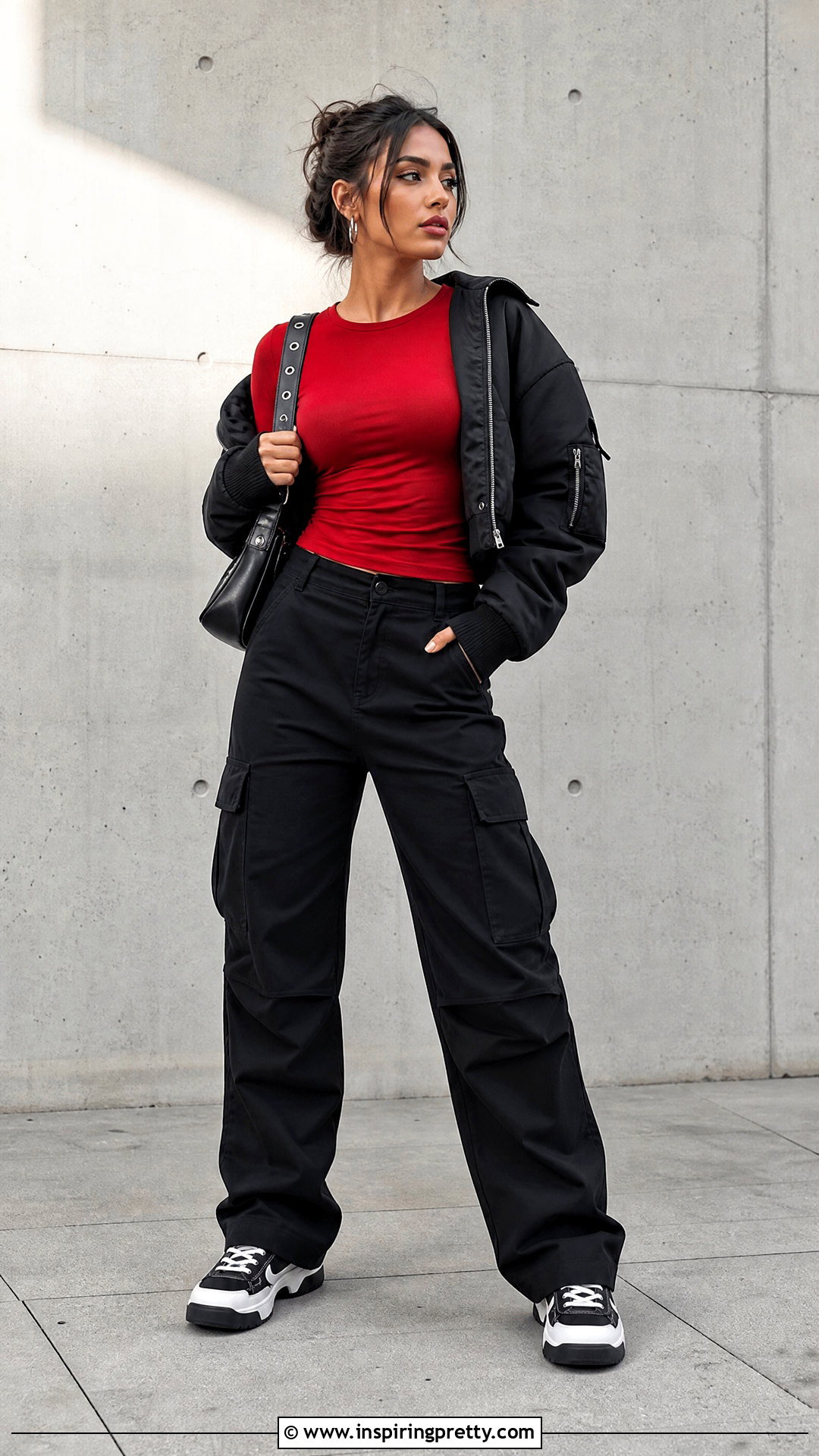 Red Top With Black Cargo Pants - how to style a red top (50 ways)