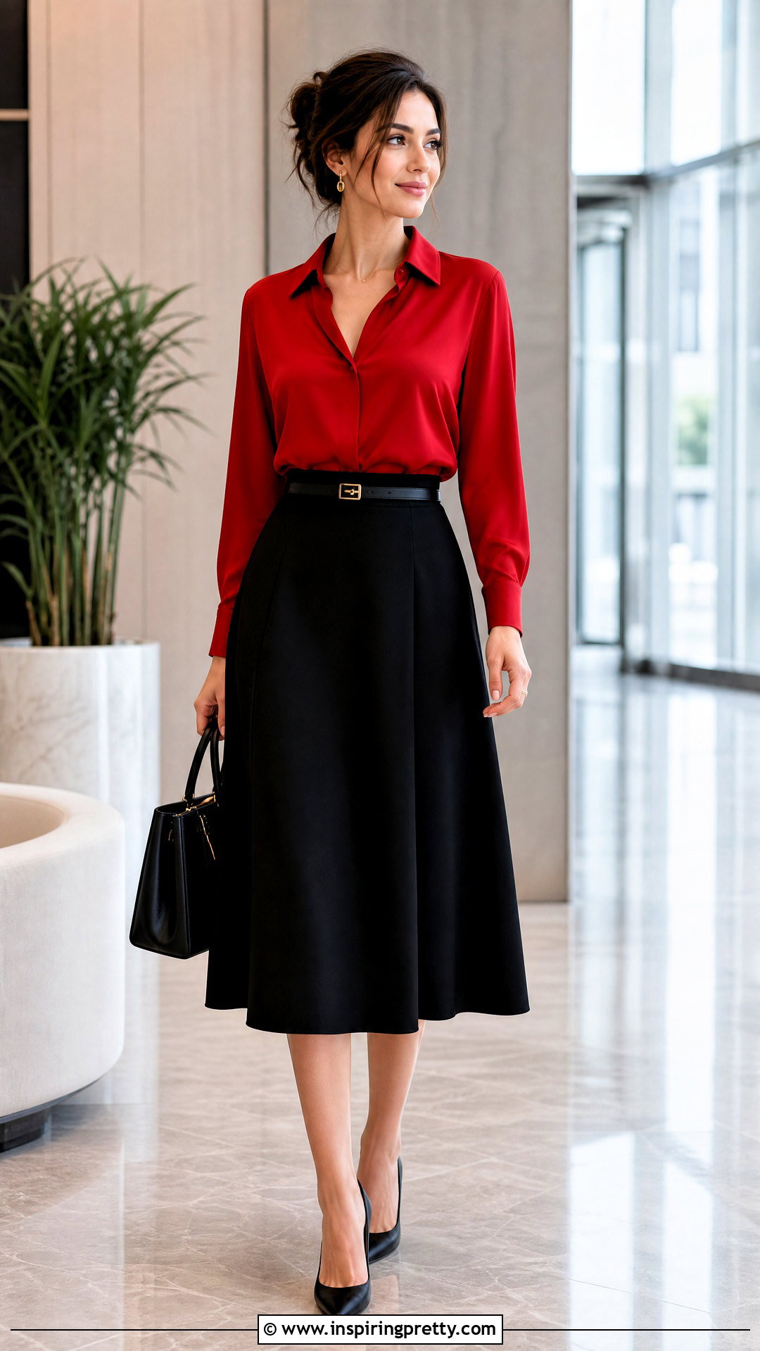 Red Top With Black Midi Skirt - how to style a red top (50 ways)