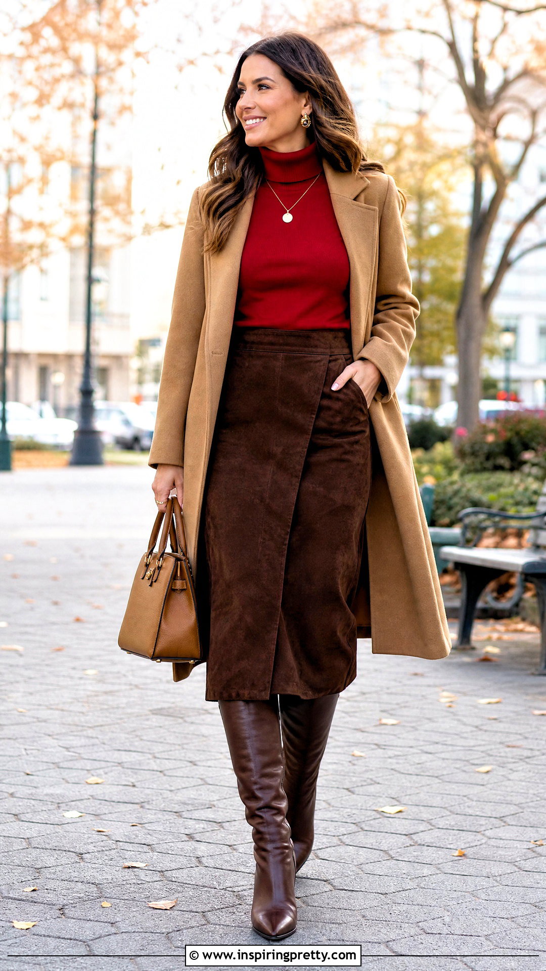 Red Top With Brown Suede Skirt - 50 cute red tops outfit ideas