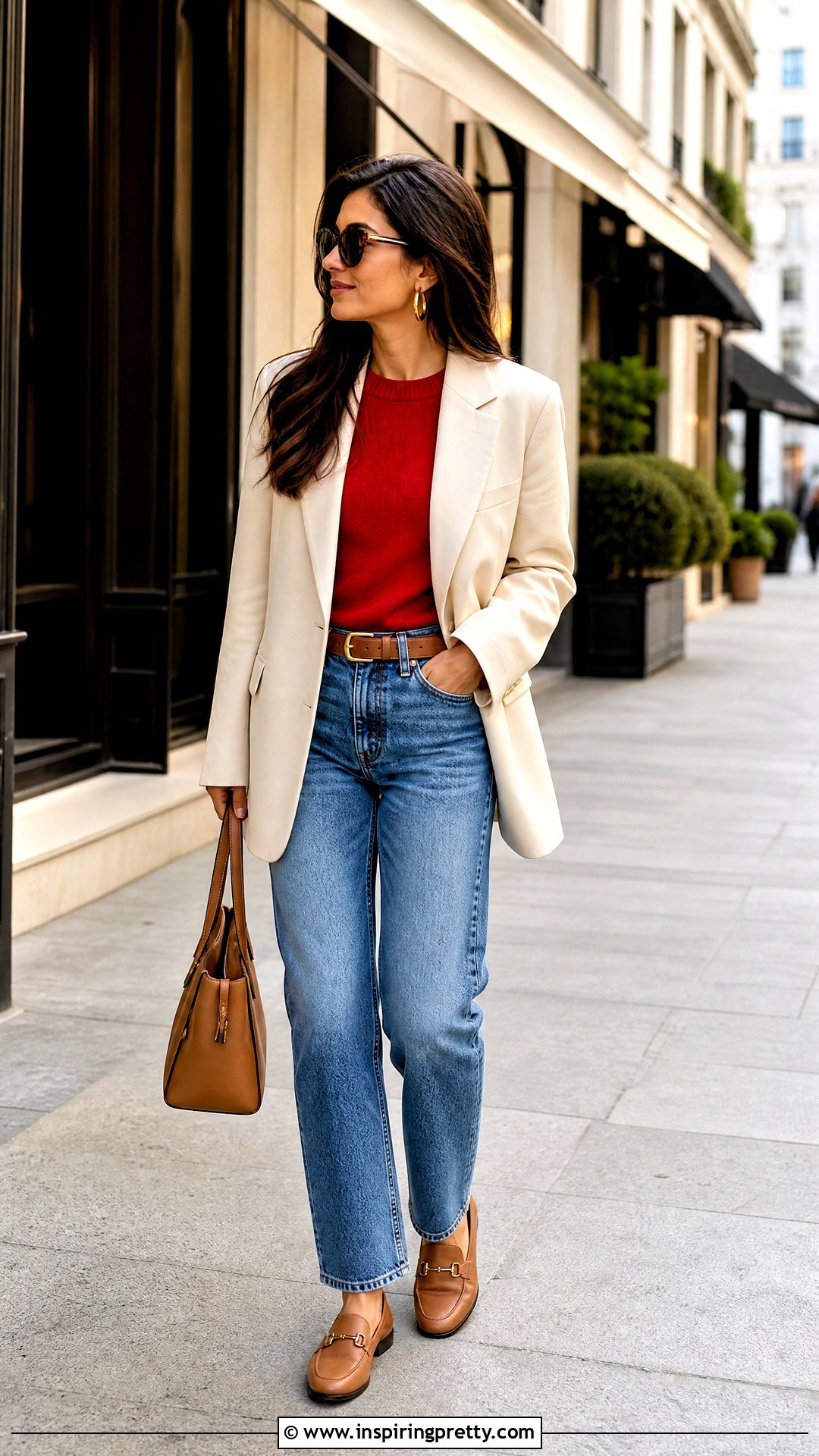 Red Top With Cream Blazer And Jeans - how to style a red top (50 ways)