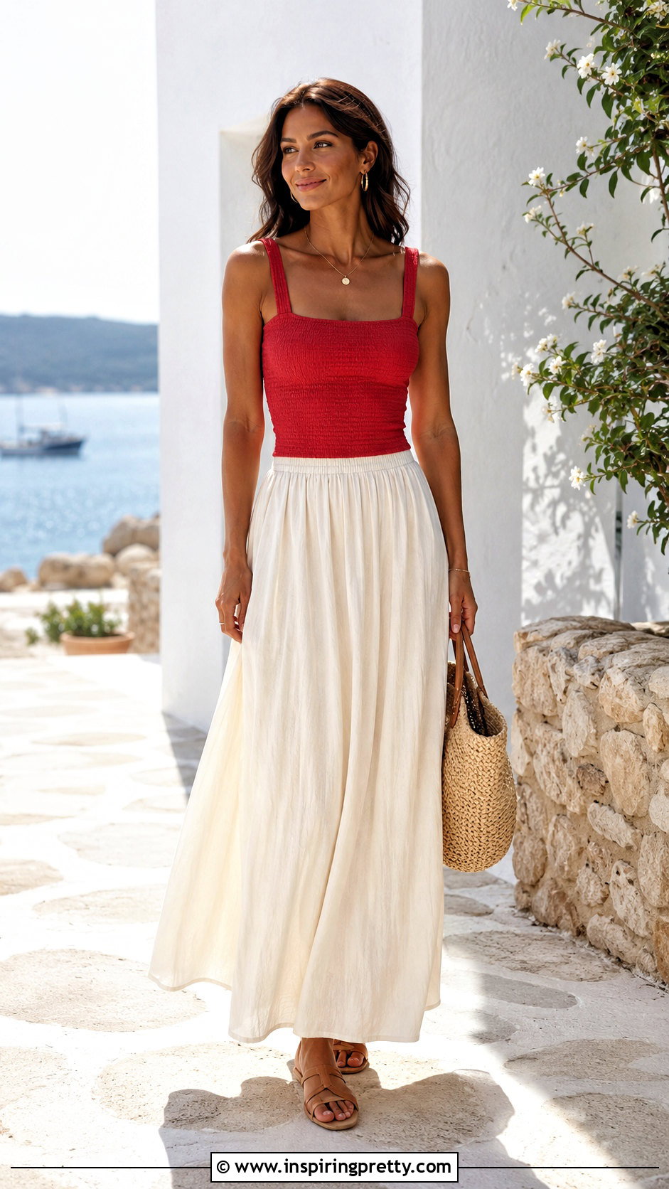 Red Top With Cream Maxi Skirt - 50 red top outfit aesthetic
