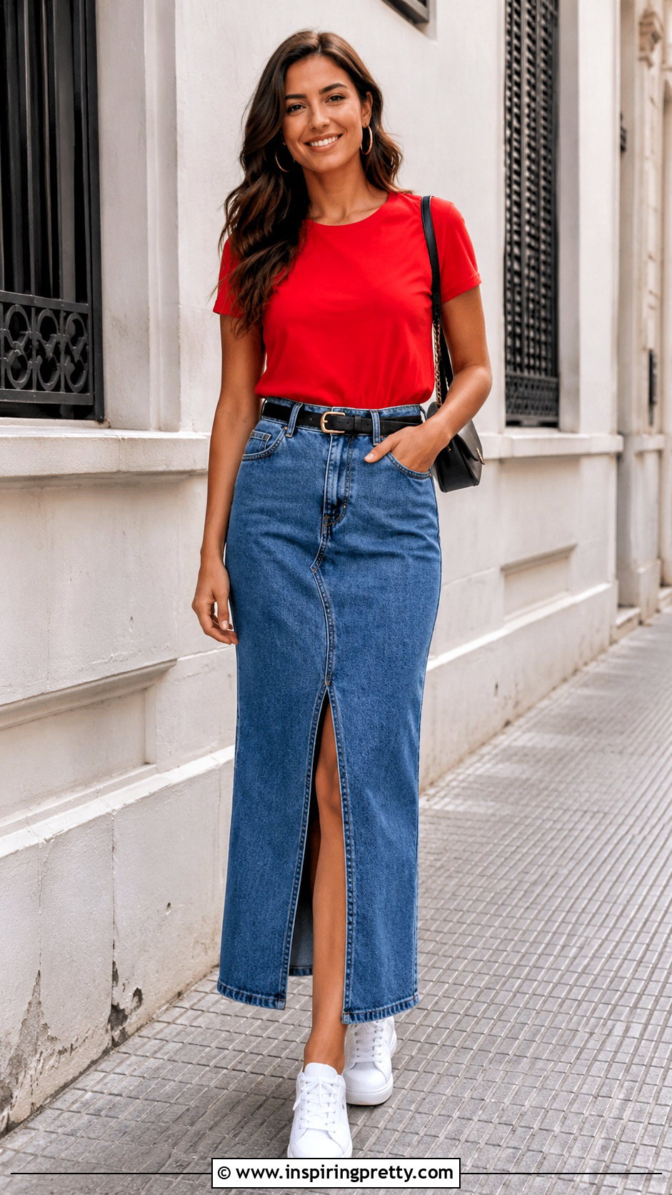 Red Top With Denim Maxi Skirt - 50 red top outfit aesthetic