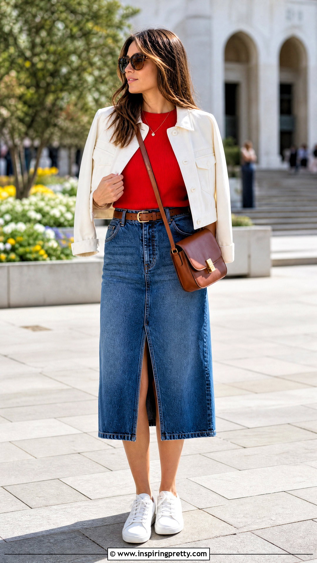 Red Top With Denim Midi Skirt - how to style a red top (50 ways)