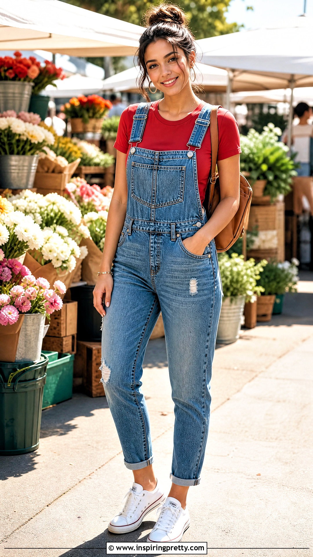 Red Top With Denim Overalls - 50 red top outfit casual ideas