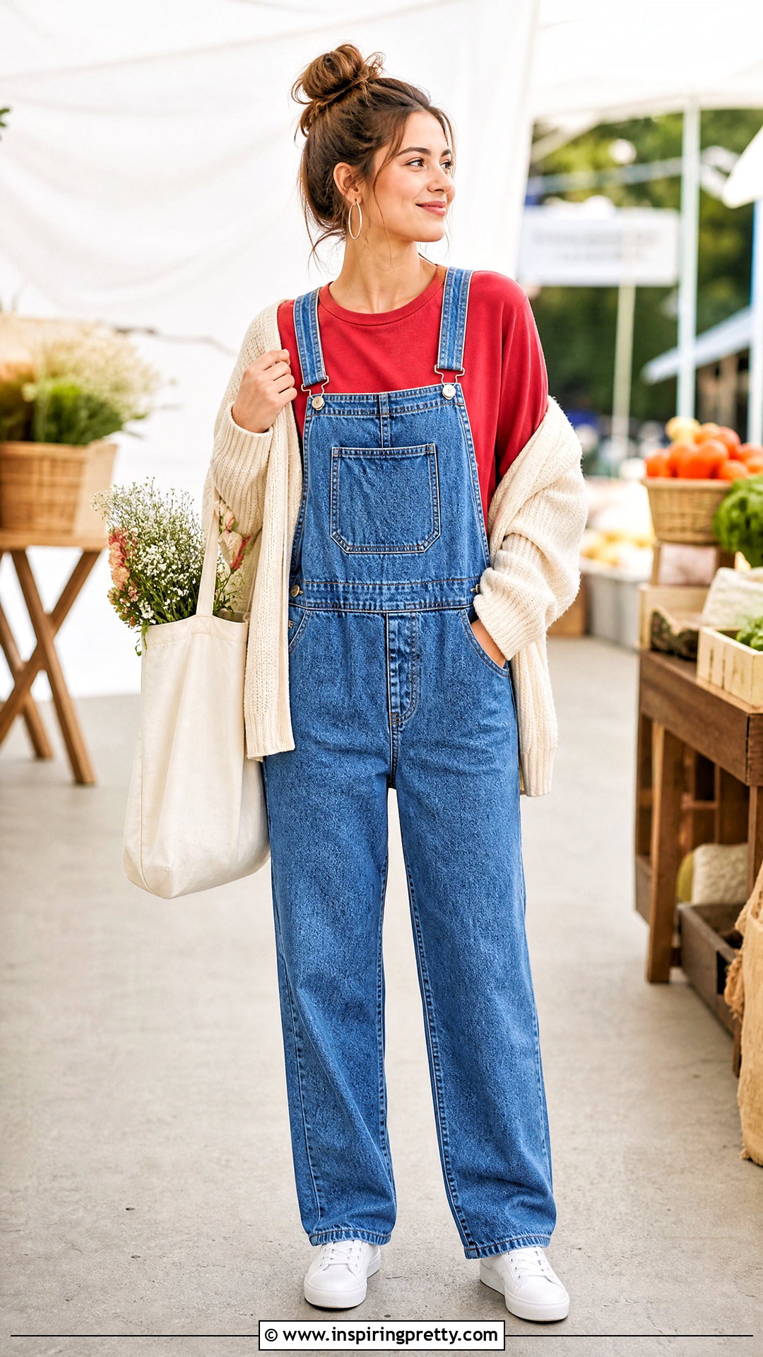 Red Top With Denim Overalls - 50 cute red tops outfit ideas