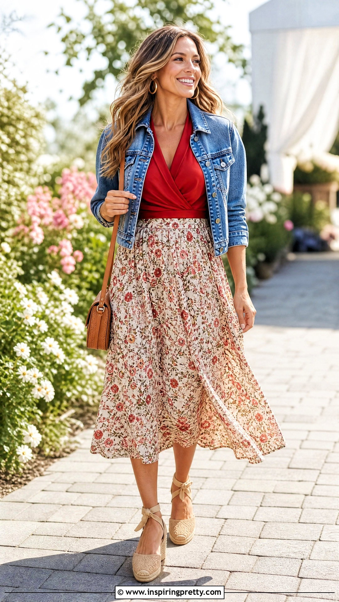 Red Top With Floral Midi Skirt - how to style a red top (50 ways)
