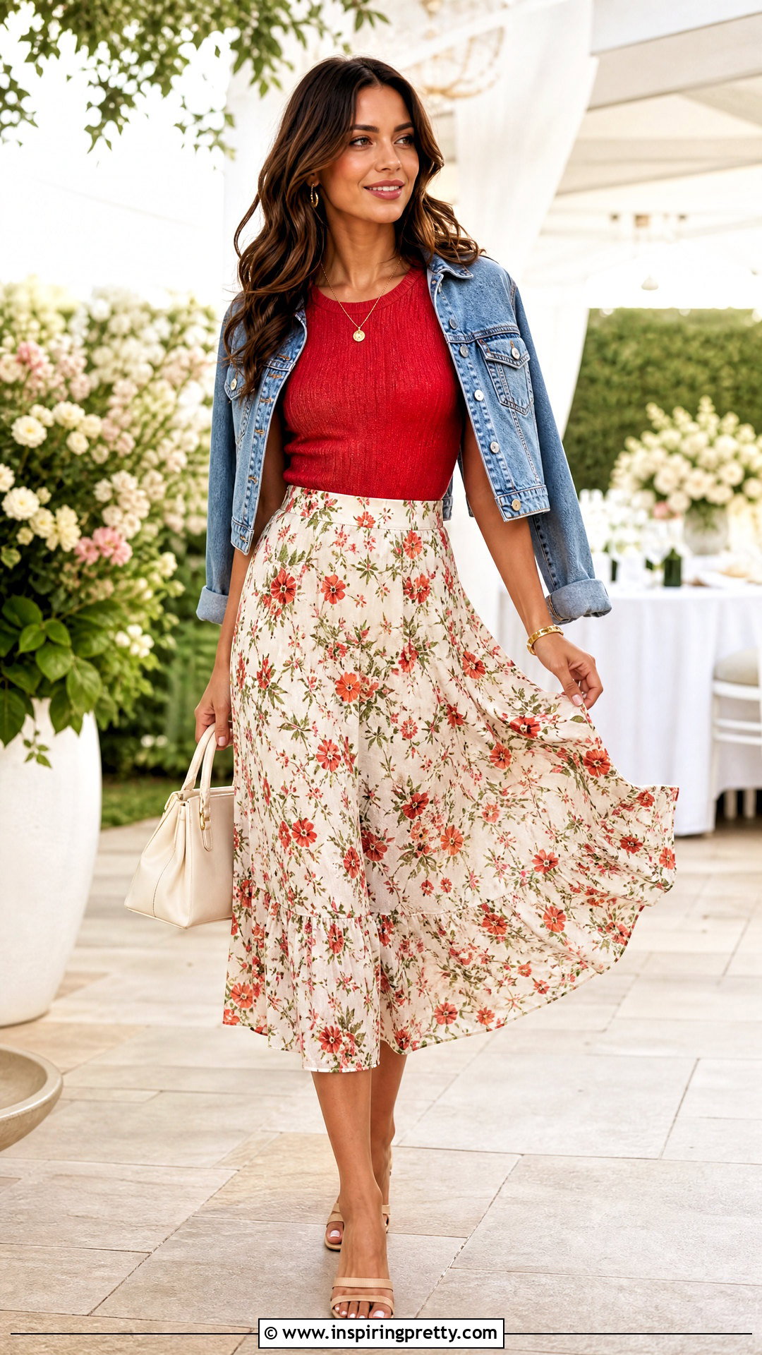Red Top With Floral Midi Skirt - 50 cute red tops outfit ideas