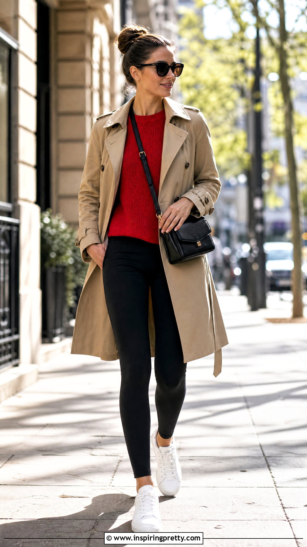 Red Top With Leggings And Trench Coat - how to style a red top (50 ways)