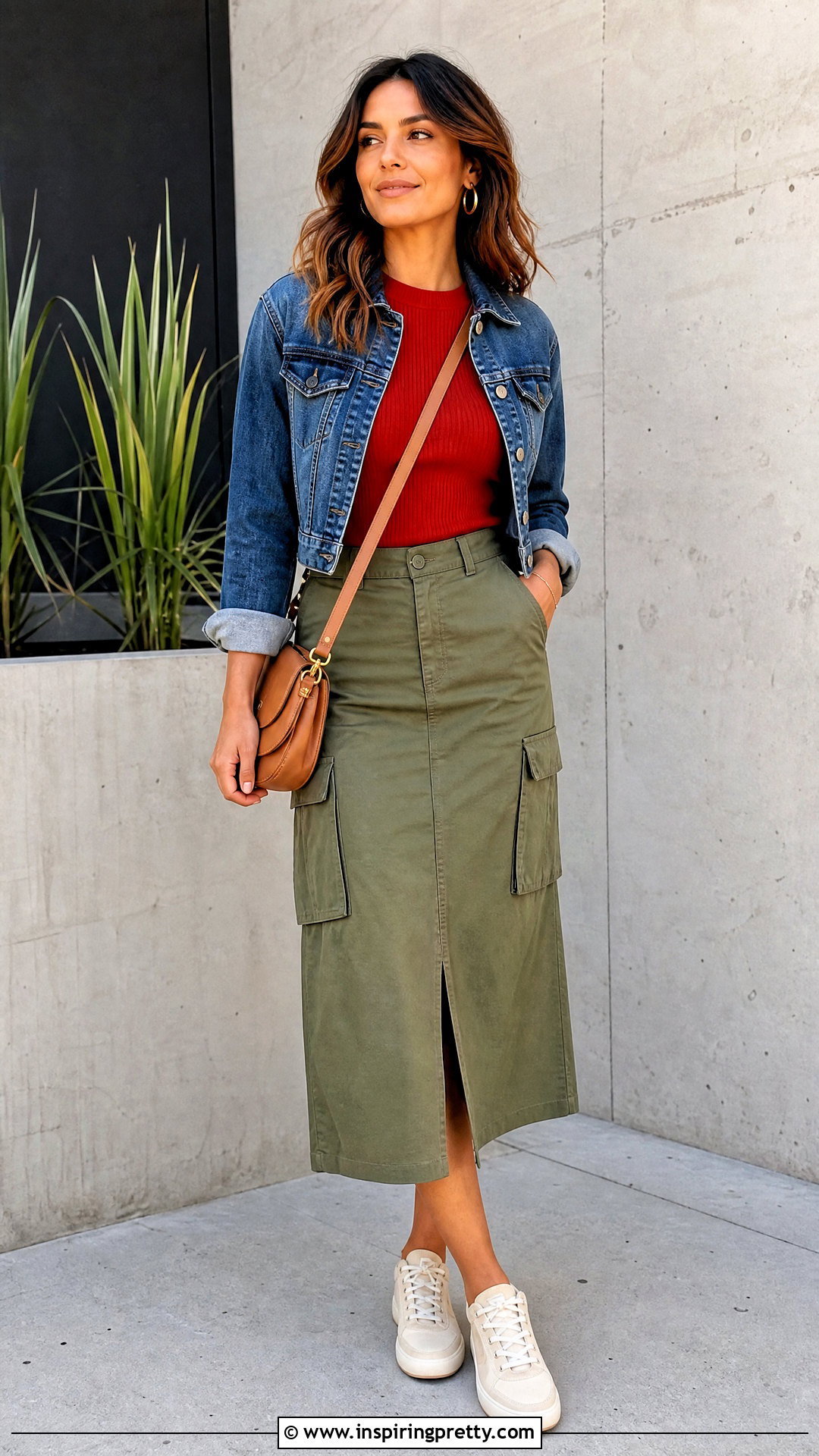 Red Top With Olive Cargo Skirt - 50 cute red tops outfit ideas