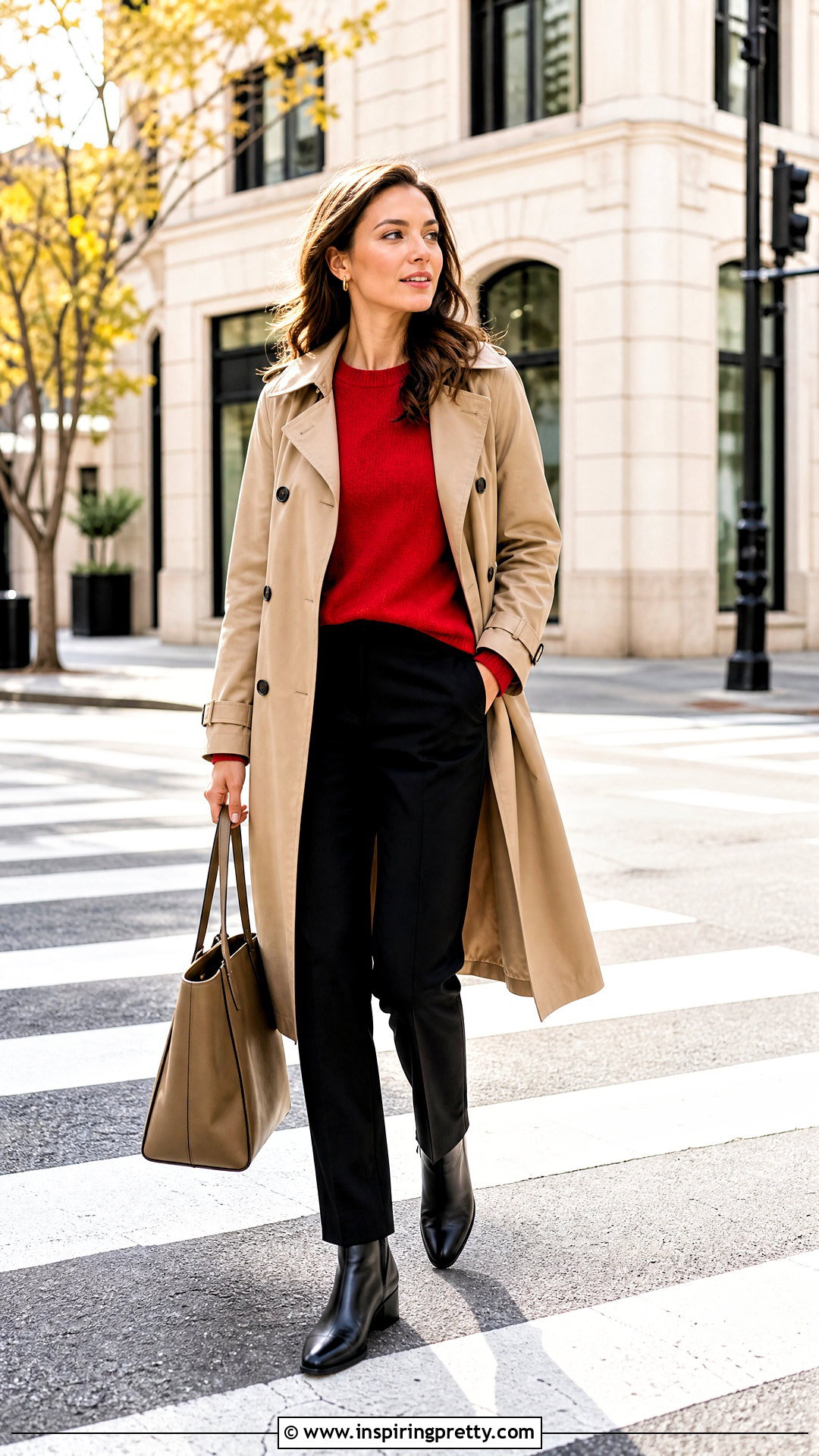 Red Top With Trench Coat And Trousers - 50 cute red tops outfit ideas