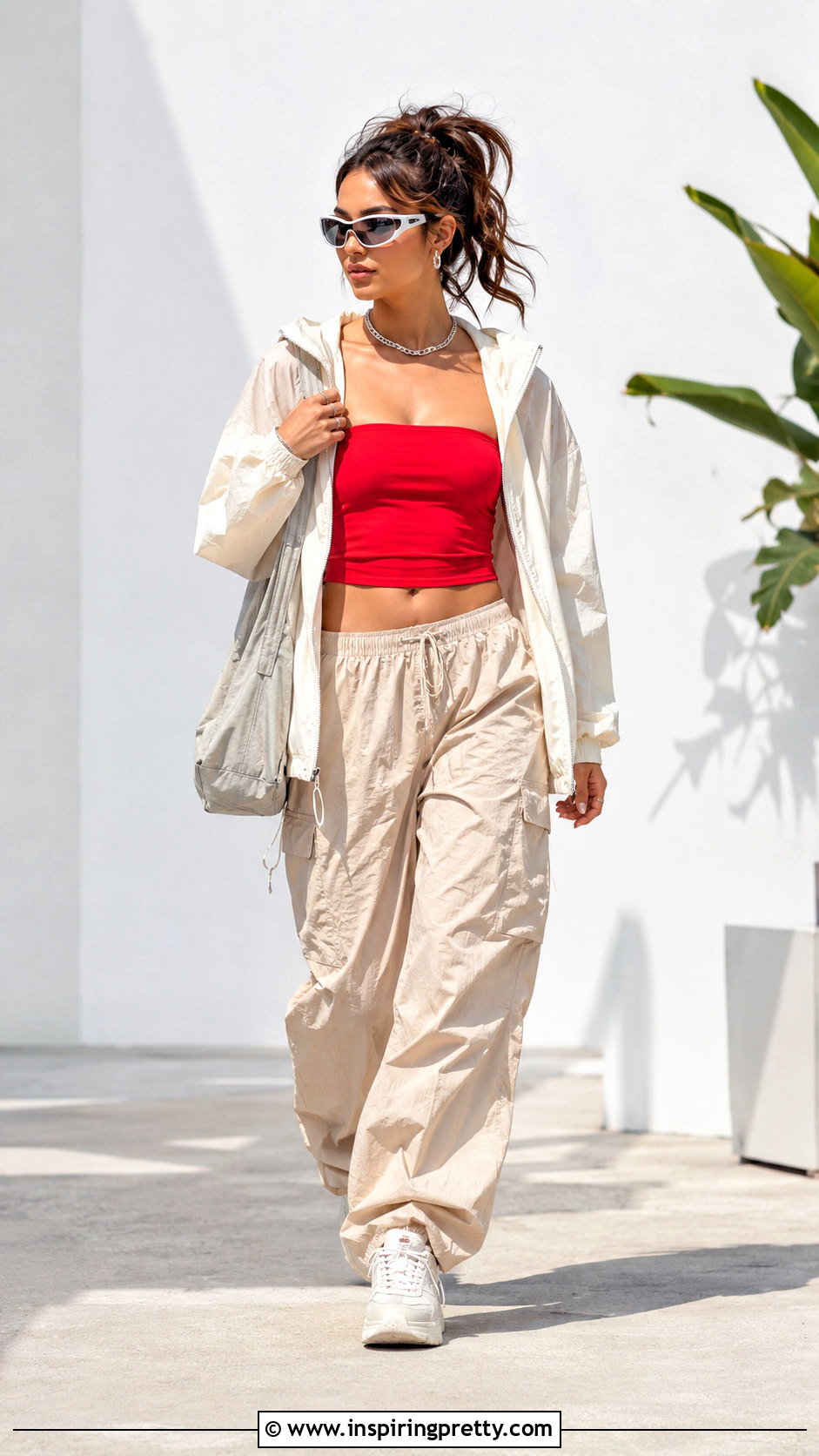 Red Tube Top With Beige Parachute Pants - 50 red tube top outfit ideas