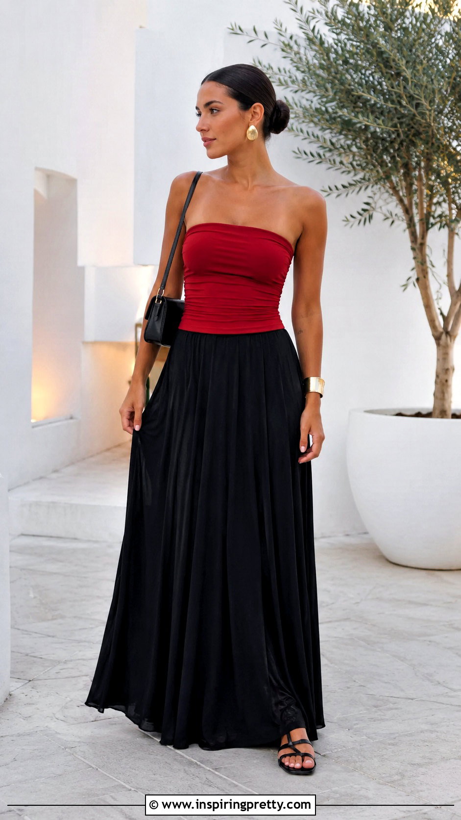 Red Tube Top With Black Maxi Skirt - 50 red tube top outfit ideas