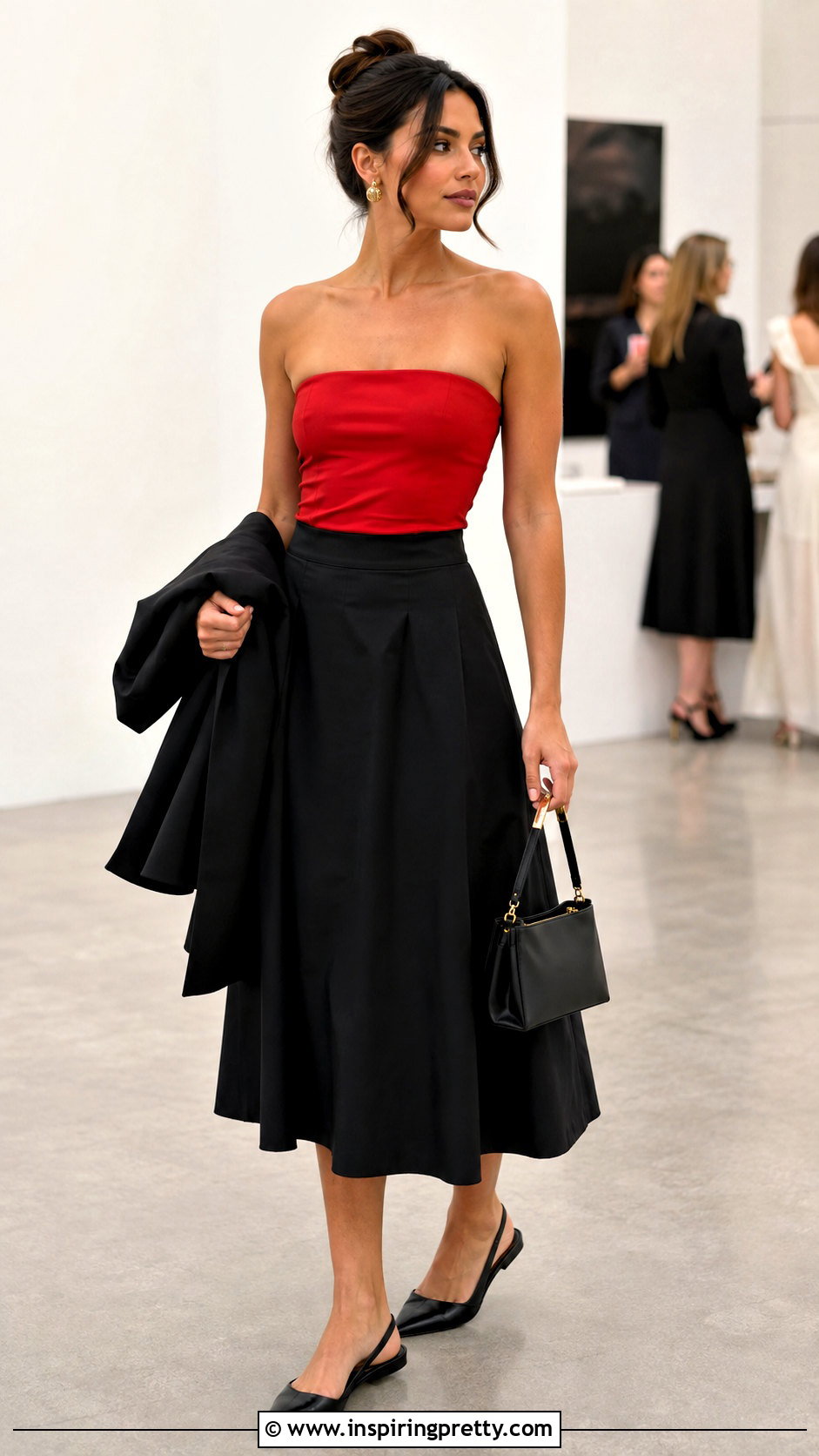Red Tube Top With Black Midi Skirt - 25 Tube Top Skirt Dress outfit ideas