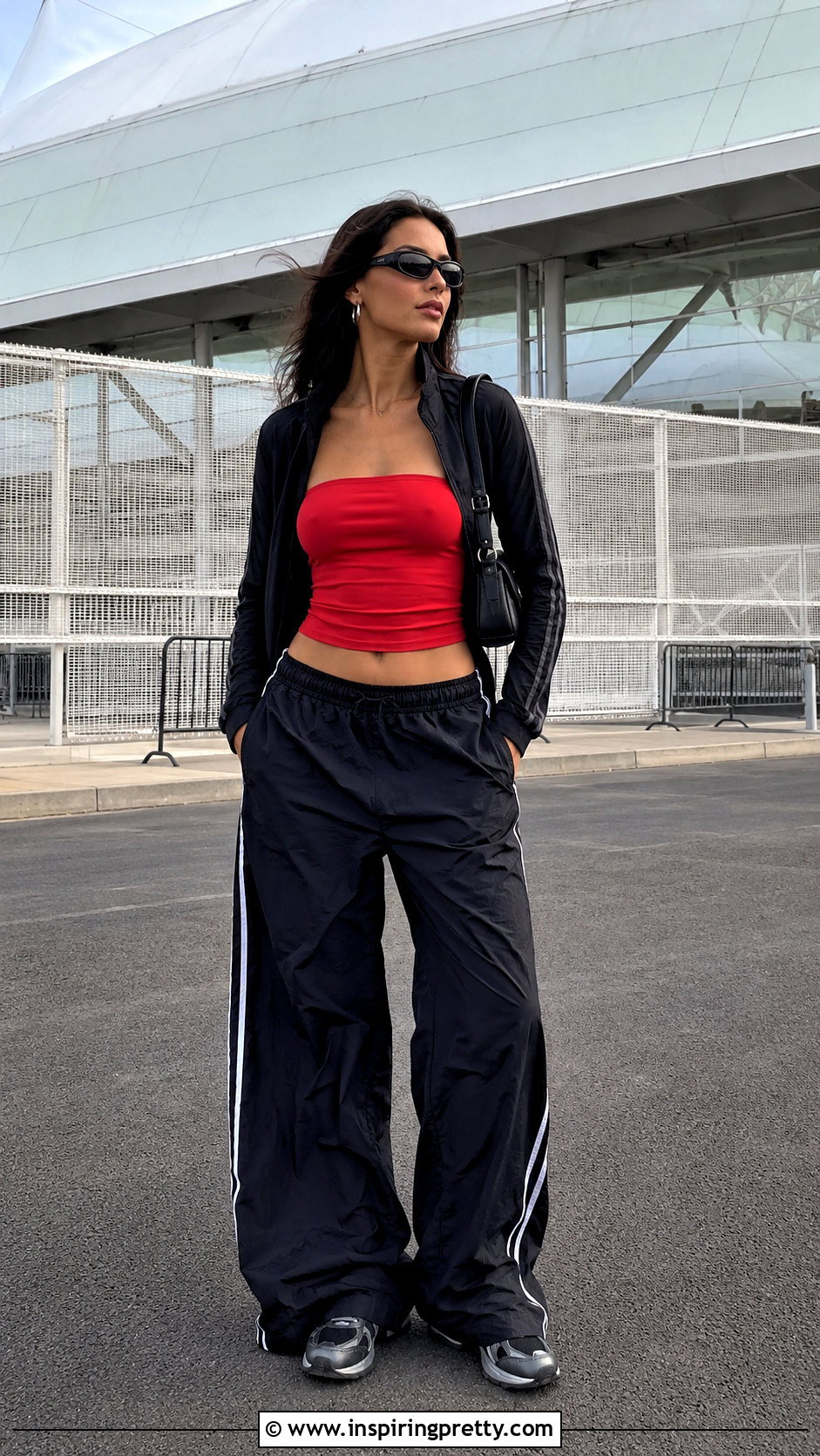 Red Tube Top With Black Track Pants - 50 red tube top outfit ideas