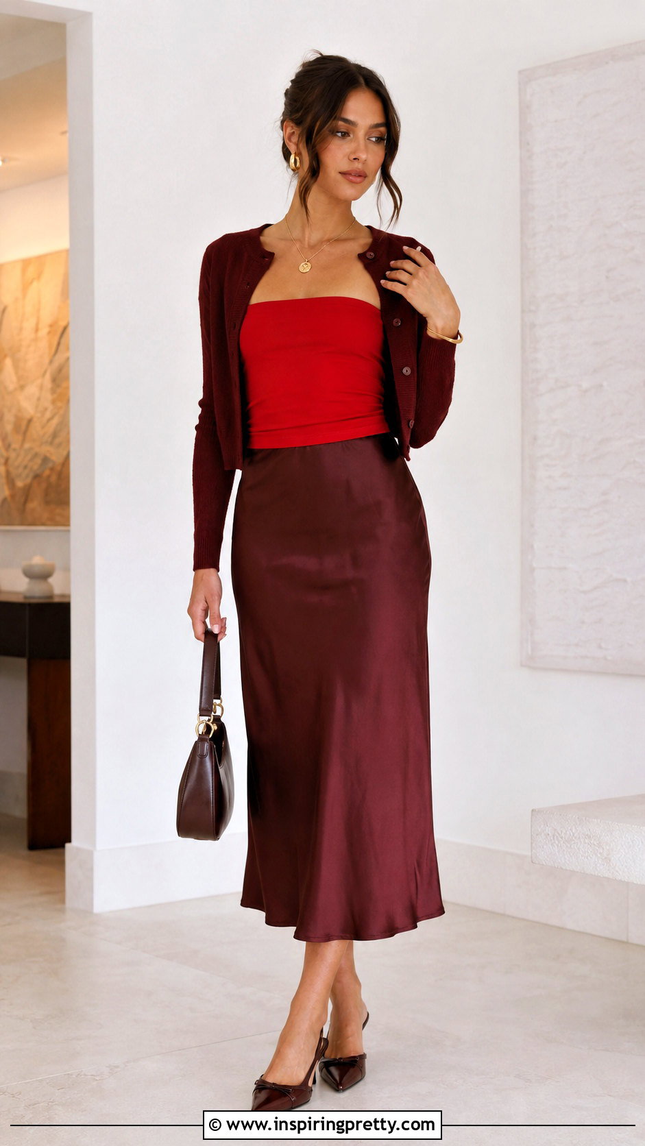 Red Tube Top With Burgundy Midi Skirt - 50 red tube top outfit ideas