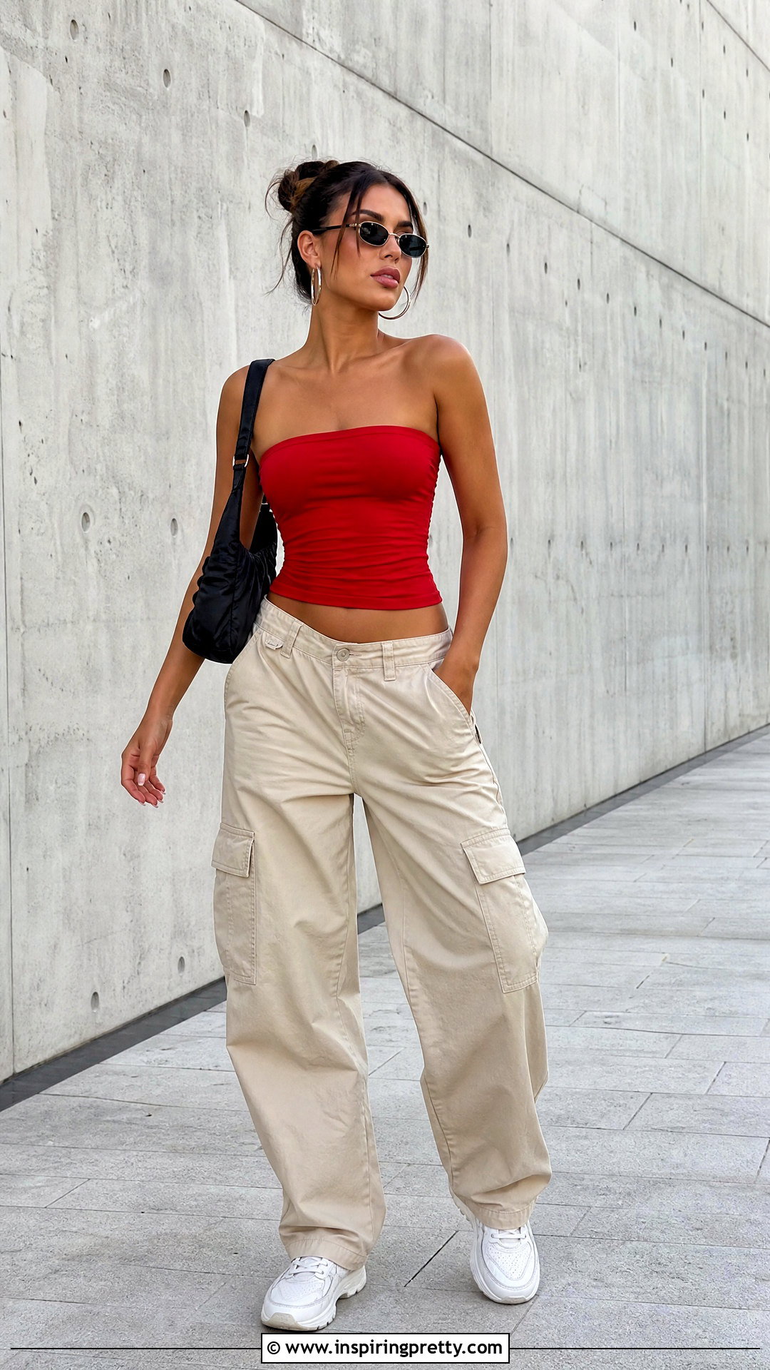 Red Tube Top With Cargo Pants - 50 cute red tops outfit ideas