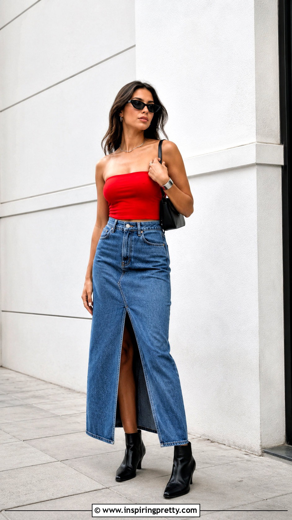 Red Tube Top With Denim Maxi Skirt - 50 red tube top outfit ideas