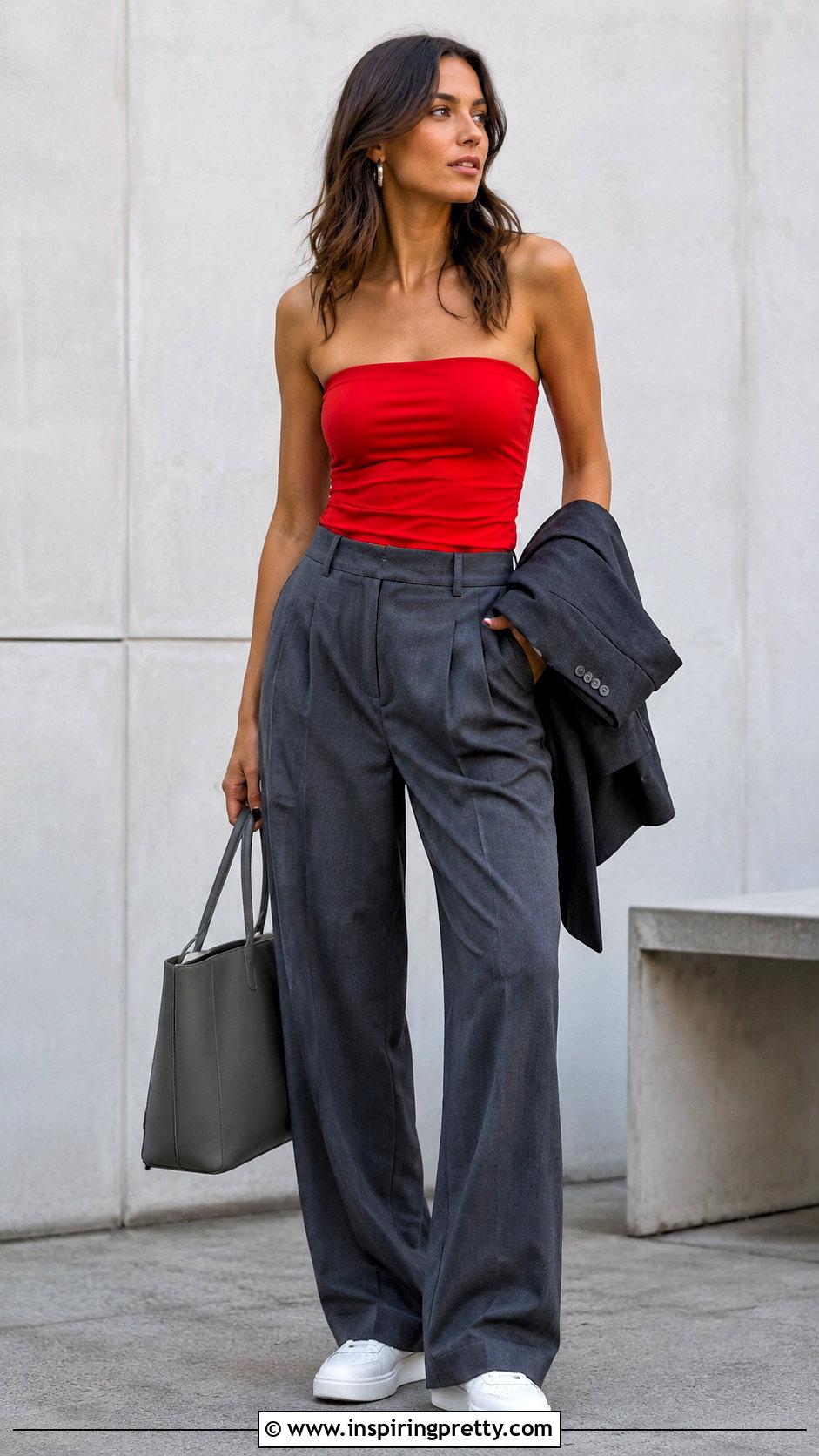 Red Tube Top With Gray Trousers - 50 red tube top outfit ideas
