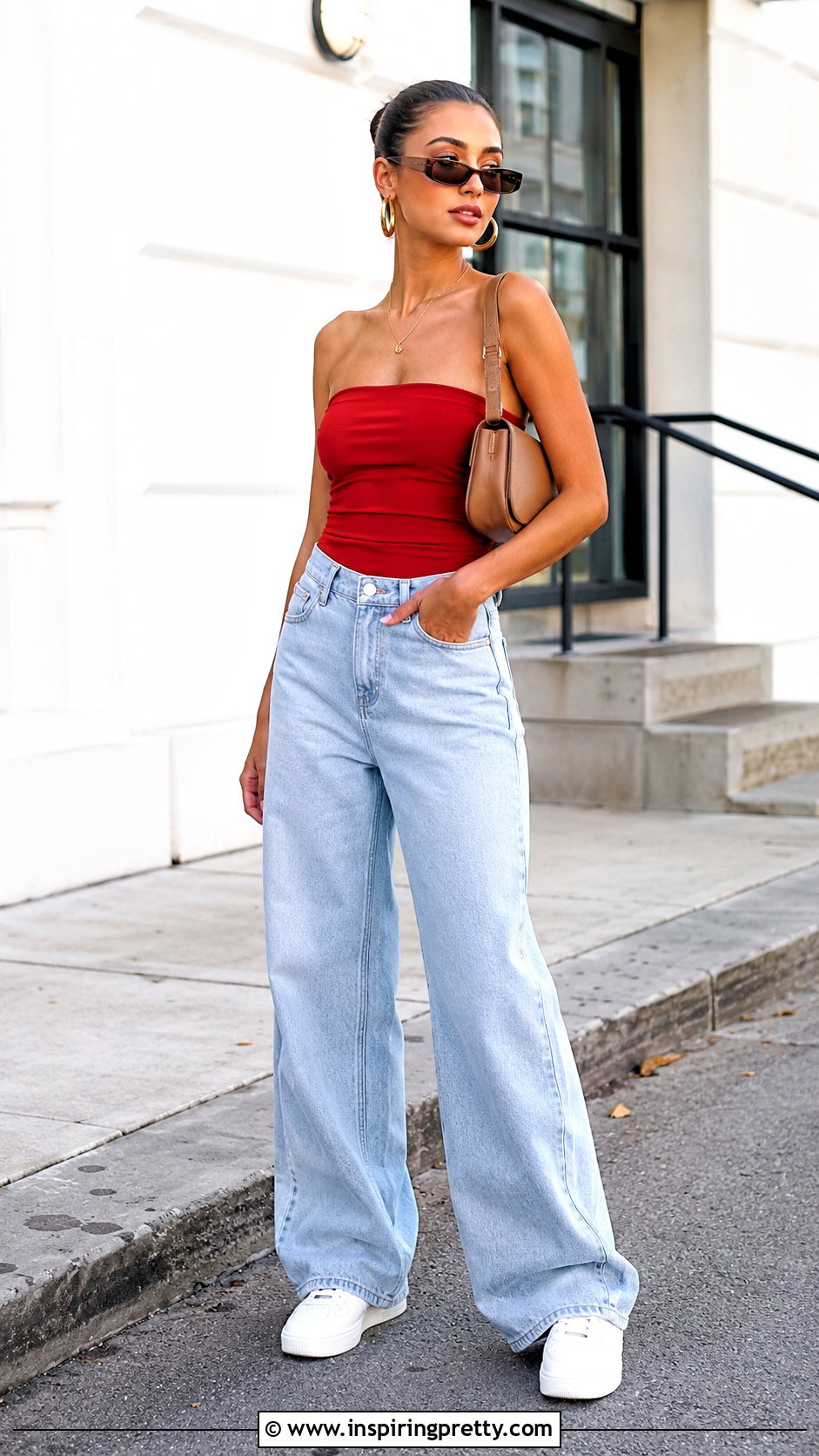 Red Tube Top With Light Wash Wide Leg Jeans - 50 red tube top outfit ideas