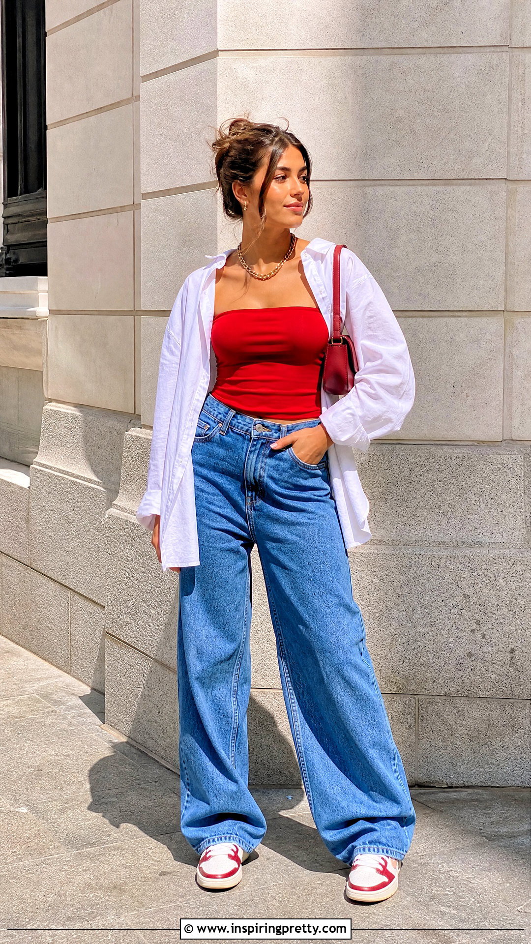Red Tube Top With Loose Jeans - 50 red top outfit casual ideas