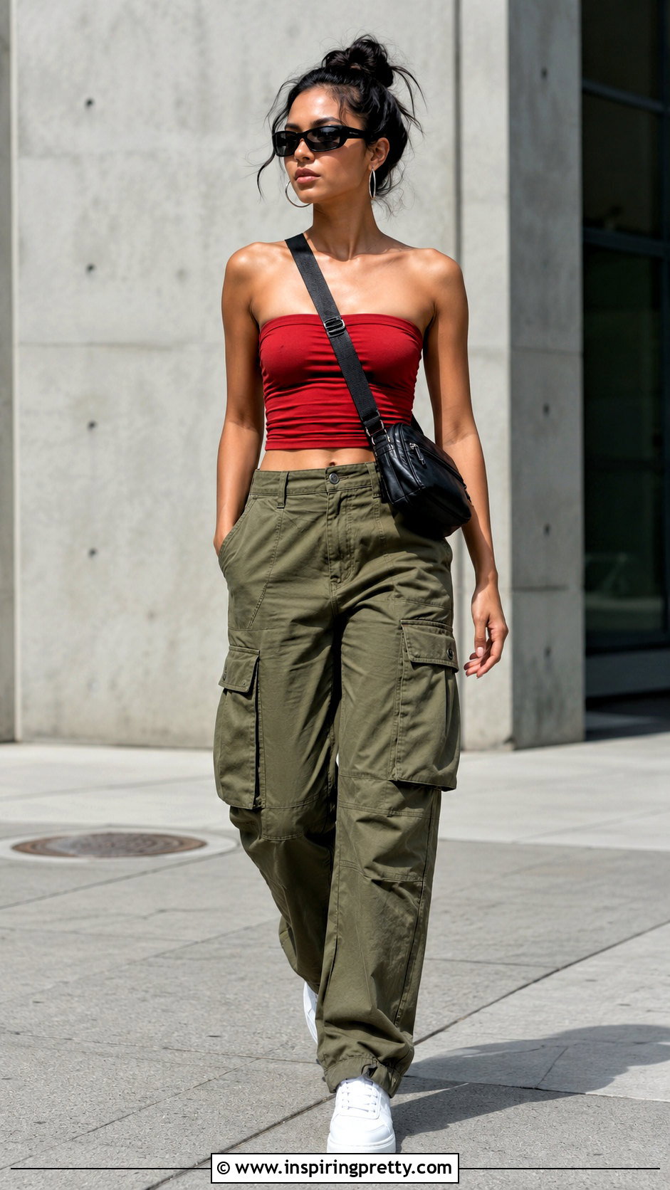 Red Tube Top With Olive Cargo Pants - 50 red tube top outfit ideas