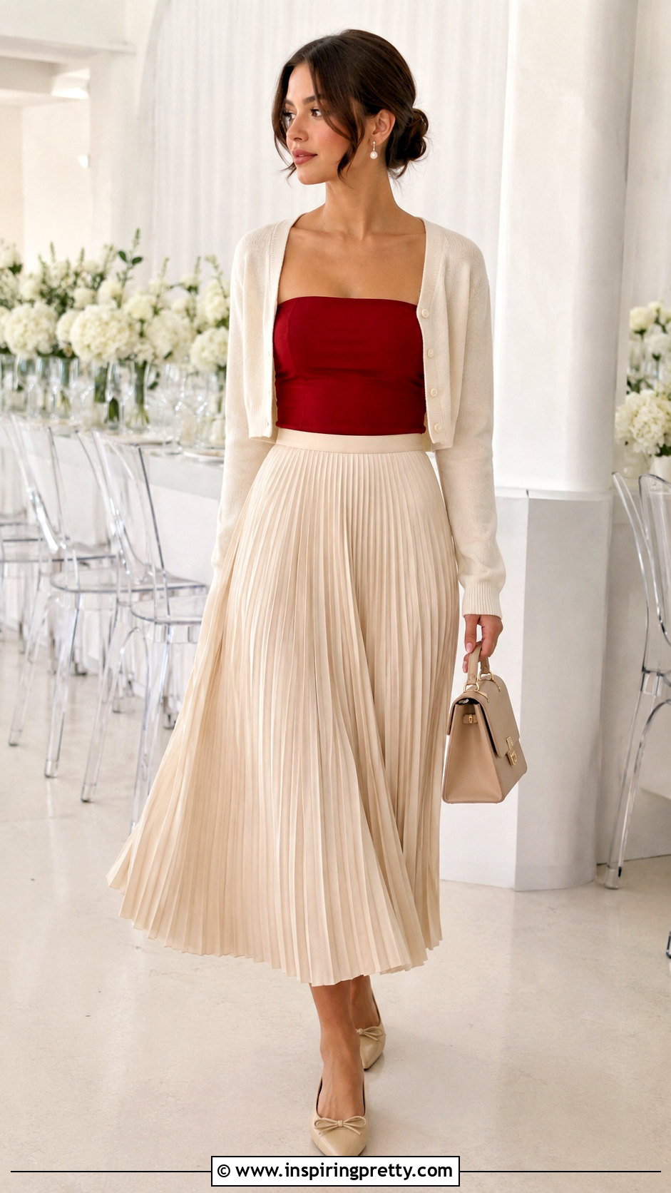 Red Tube Top With Pleated Midi Skirt - 50 red tube top outfit ideas