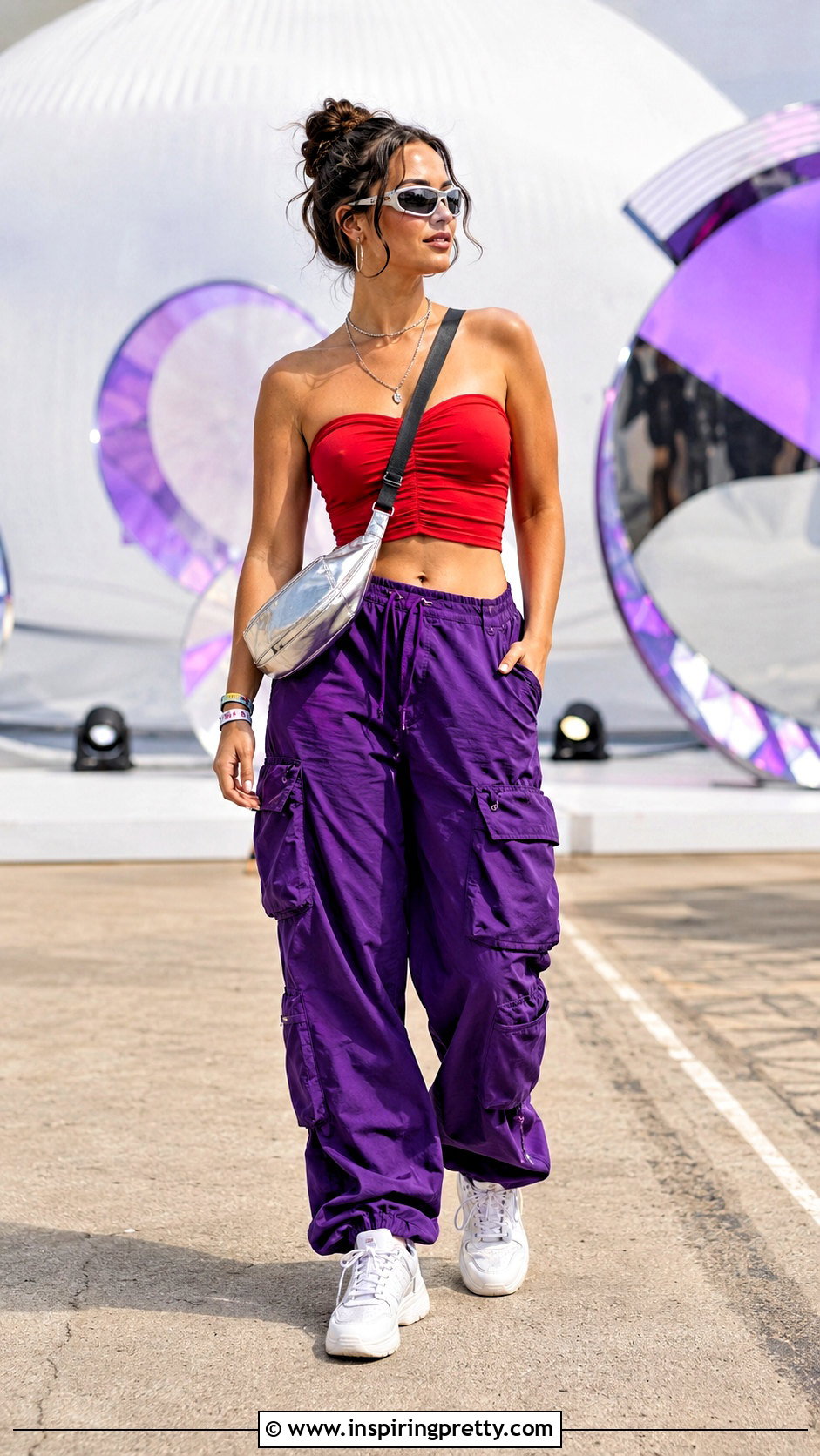 Red Tube Top With Purple Cargo Pants - 50 red tube top outfit ideas