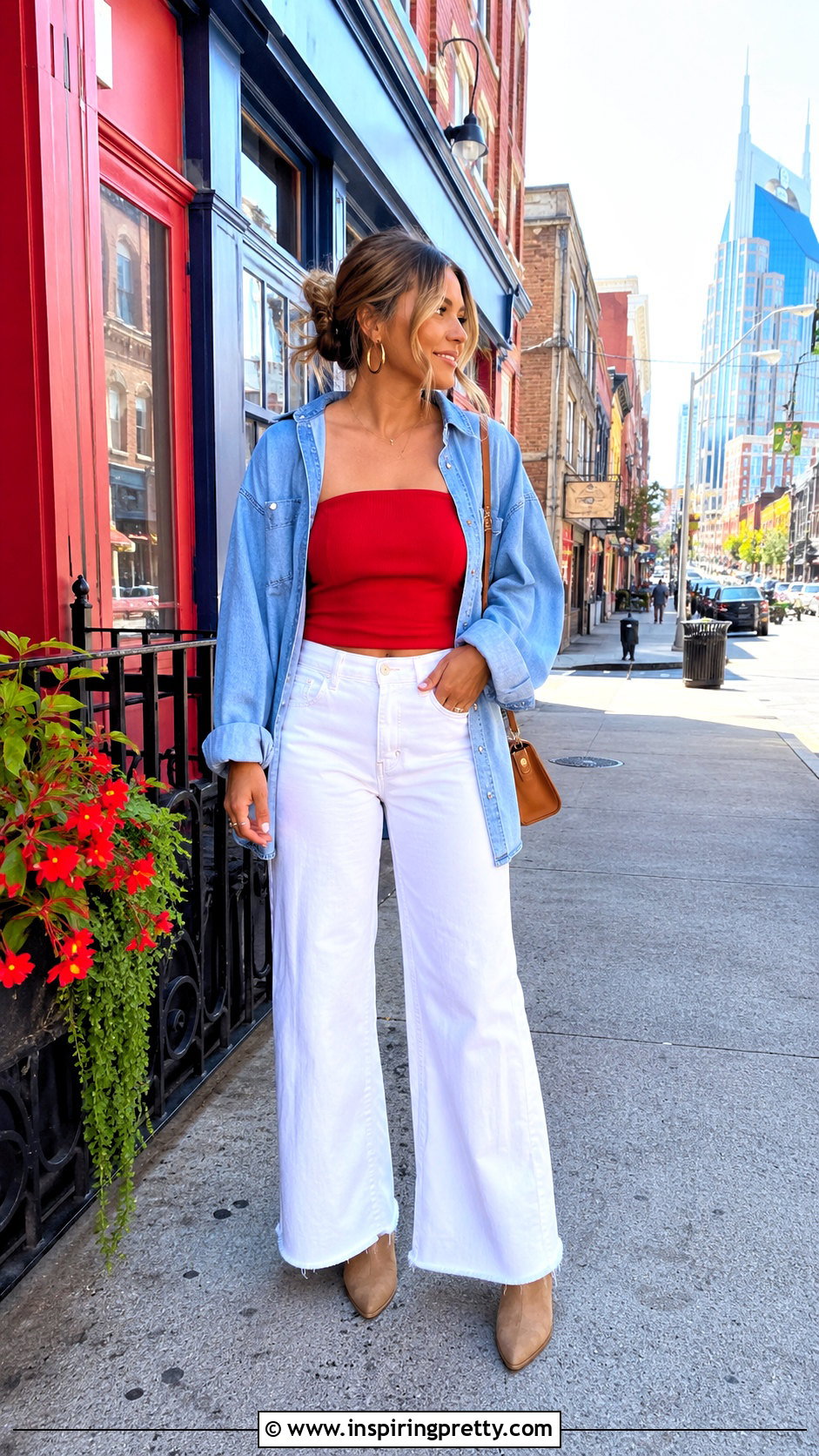 Red Tube Top With White Jeans and Boots - 20 cute tops for nashville outfit ideas