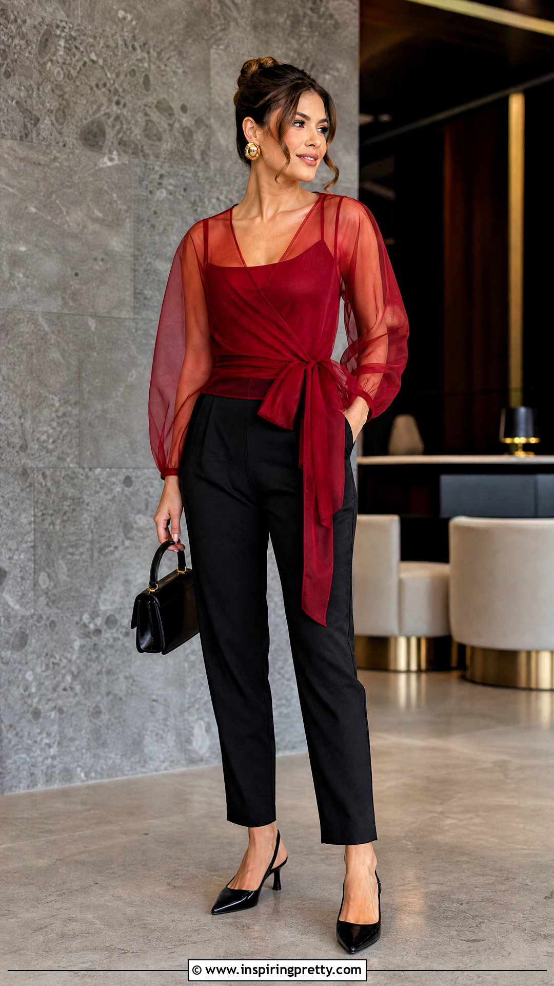 Red Tulle Wrap Top With Black Tailored Pants - 25 tulle wrap top outfit ideas