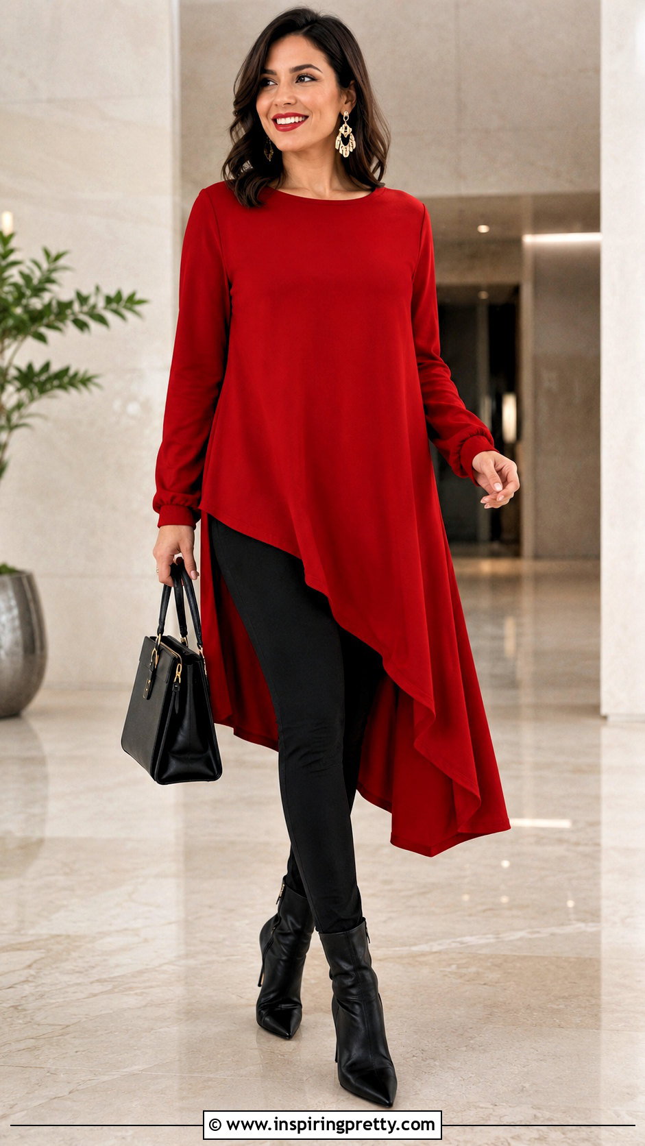 Red Tunic Top With Black Leggings And Heels - 50 red top outfit party ideas