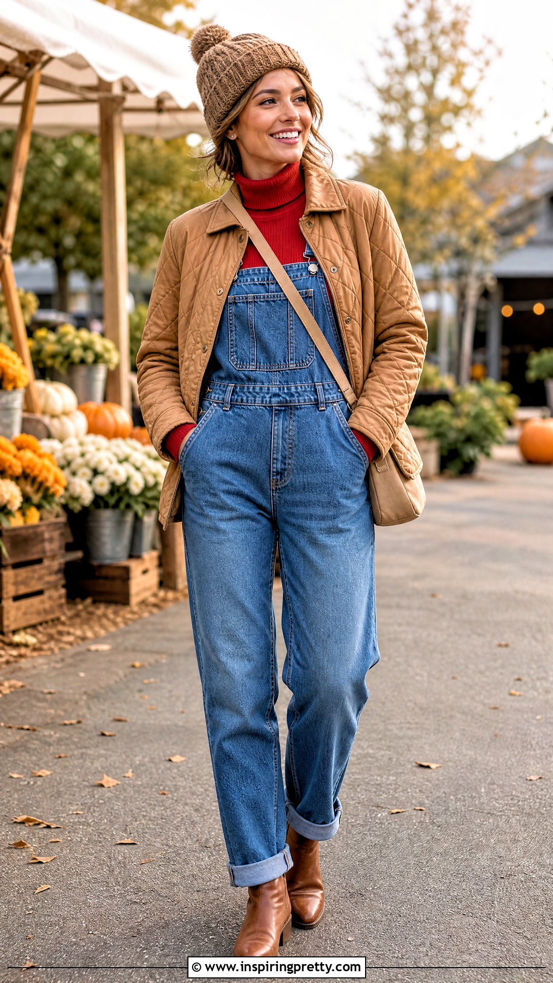 Red Turtleneck With Denim Overalls - 50 red top outfit ideas