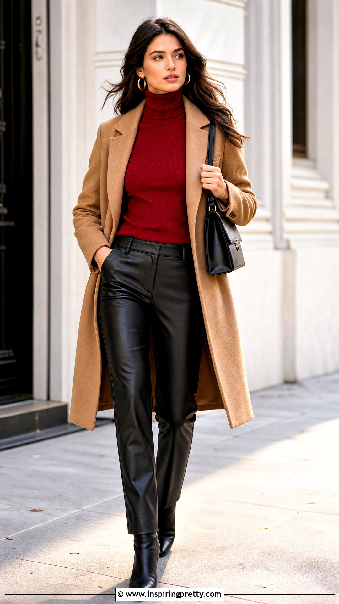 Red Turtleneck With Faux Leather Pants - 50 cute red tops outfit ideas