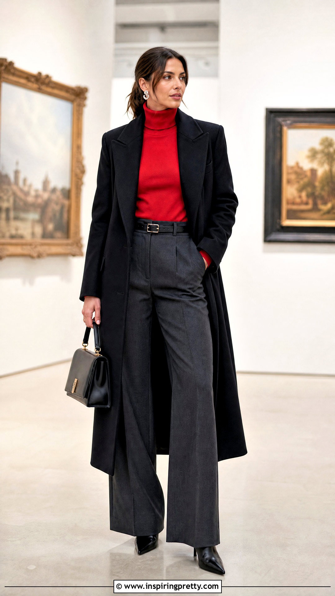 Red Turtleneck With Gray Wide Leg Pants - 50 red top outfit ideas