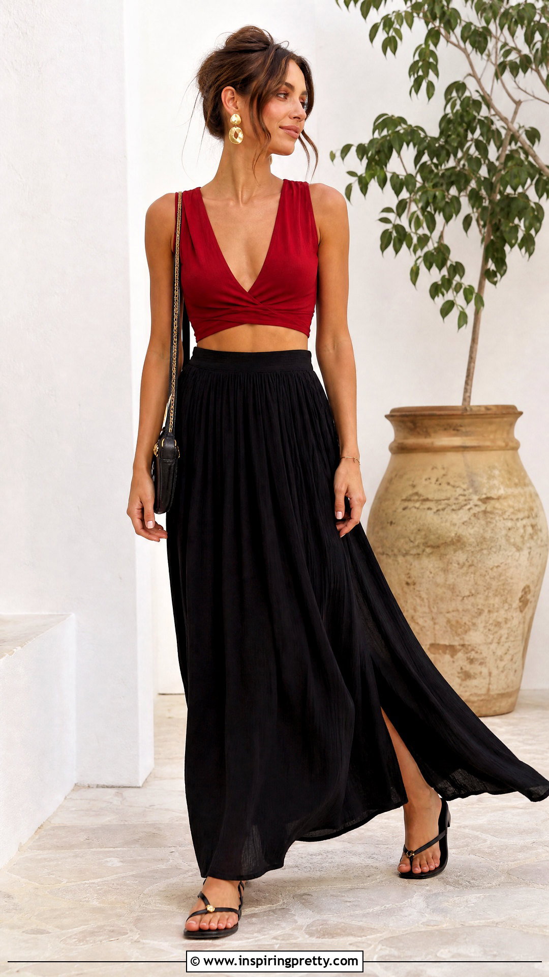 Red V Neck Crop Top With Black Maxi Skirt - 25 red v neck crop top outfit ideas