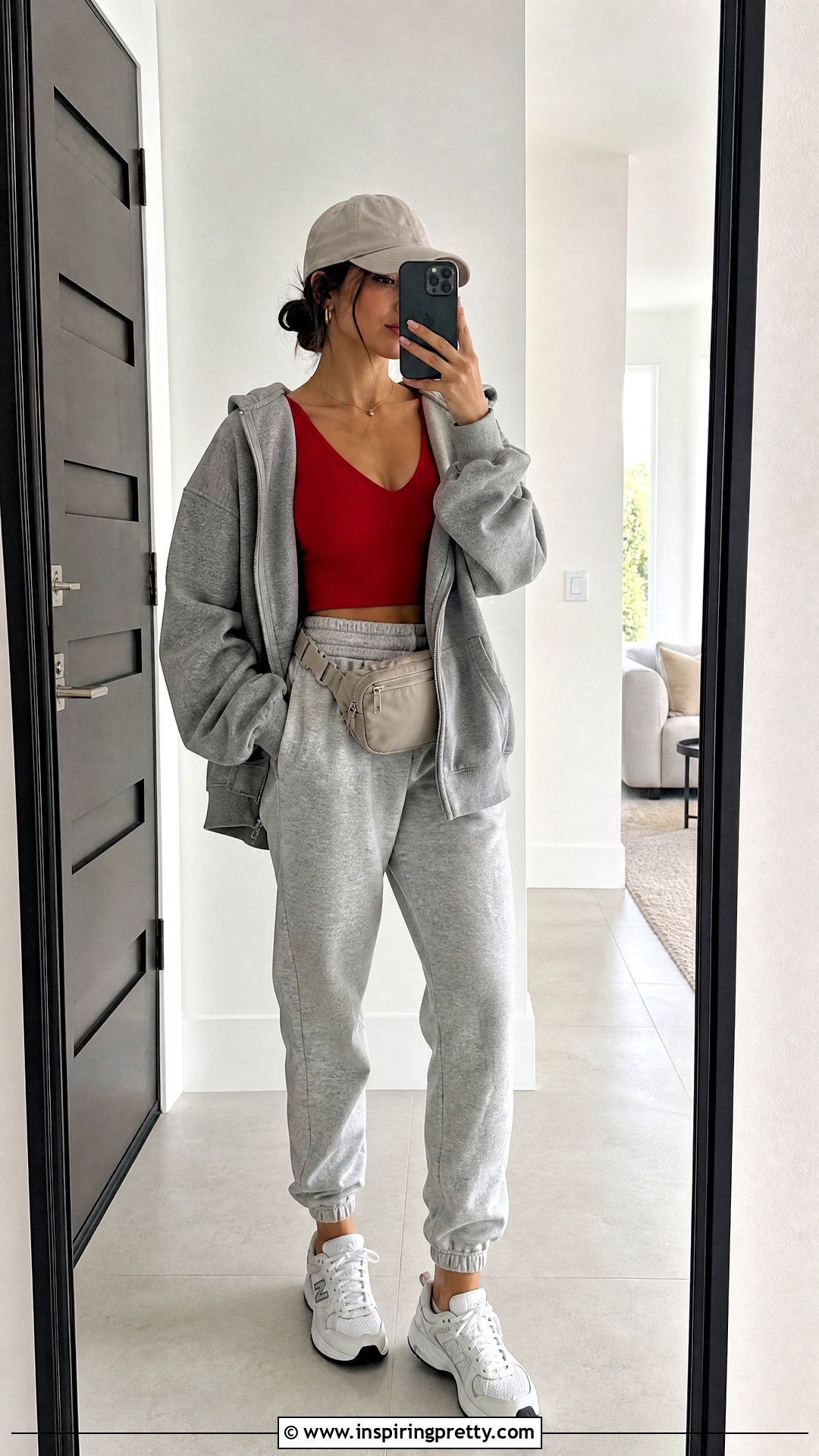 Red V Neck Crop Top With Gray Joggers - 25 red v neck crop top outfit ideas